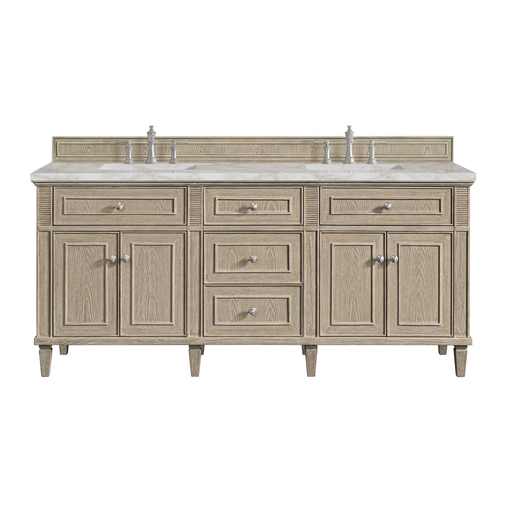 James Martin Vanities Lorelai 72" Whitewashed Oak Double Vanity With 3 CM Victorian Silver Quartz Top