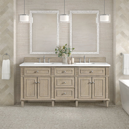 James Martin Vanities Lorelai 72" Whitewashed Oak Double Vanity With 3 CM White Zeus Quartz Top