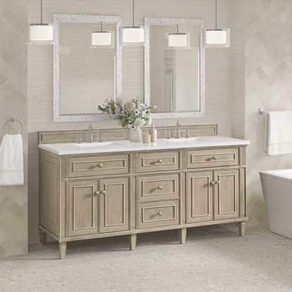 James Martin Vanities Lorelai 72" Whitewashed Oak Double Vanity With 3 CM White Zeus Quartz Top