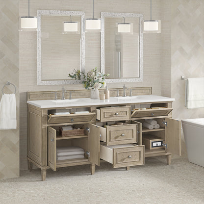 James Martin Vanities Lorelai 72" Whitewashed Oak Double Vanity With 3 CM White Zeus Quartz Top