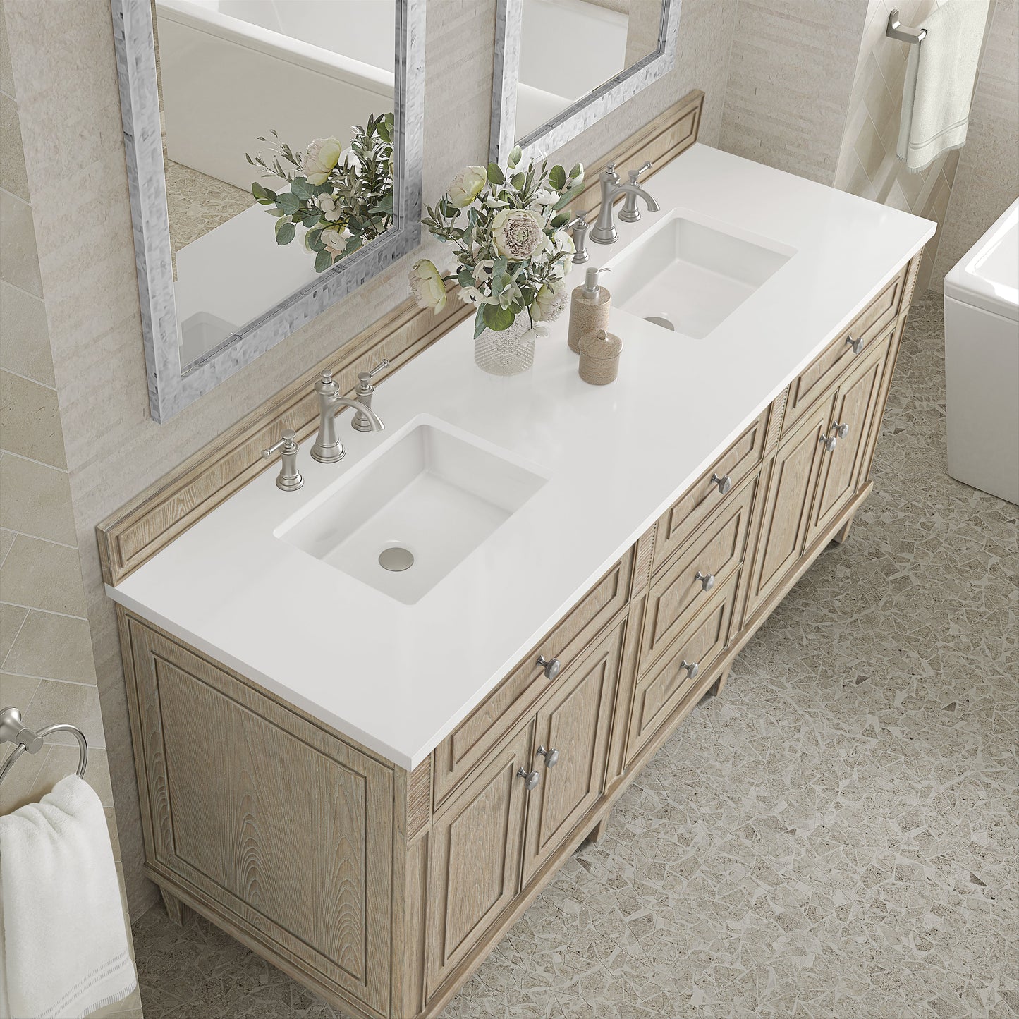 James Martin Vanities Lorelai 72" Whitewashed Oak Double Vanity With 3 CM White Zeus Quartz Top