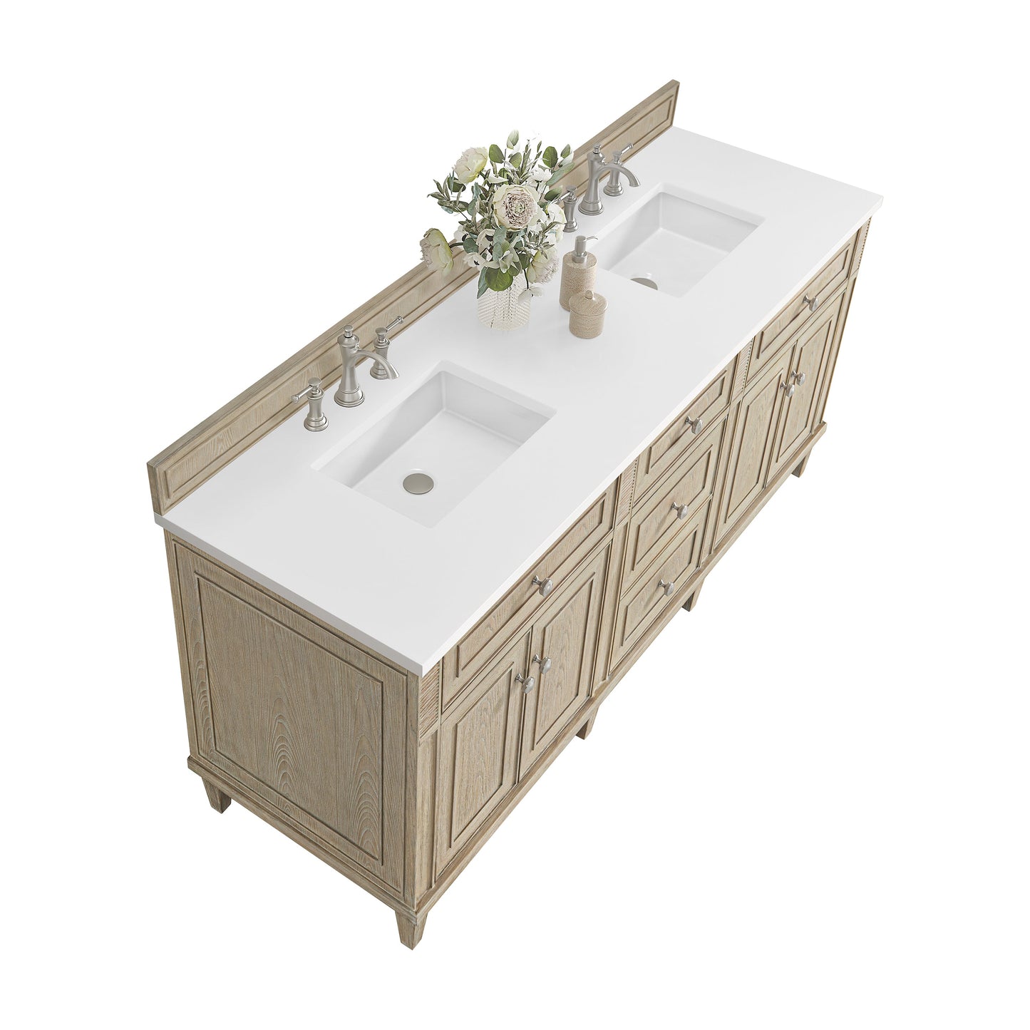 James Martin Vanities Lorelai 72" Whitewashed Oak Double Vanity With 3 CM White Zeus Quartz Top