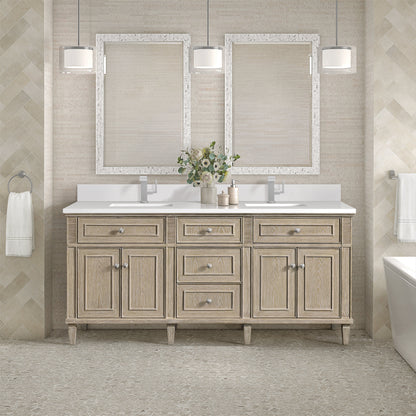 James Martin Vanities Lorelai 72" Whitewashed Oak Double Vanity With Single Hole 3 CM White Zeus Quartz Top & Backsplash