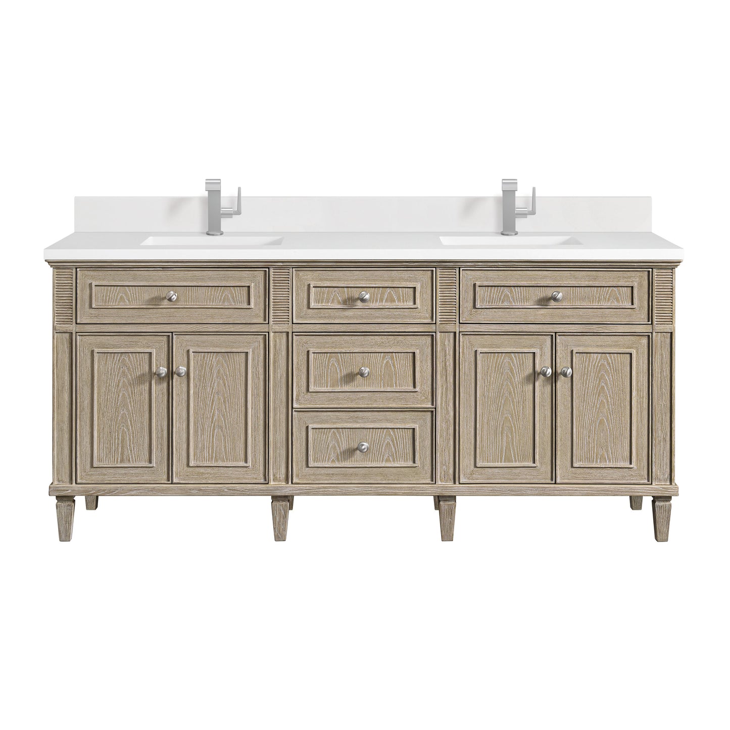 James Martin Vanities Lorelai 72" Whitewashed Oak Double Vanity With Single Hole 3 CM White Zeus Quartz Top & Backsplash