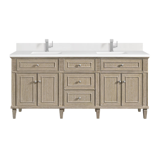 James Martin Vanities Lorelai 72" Whitewashed Oak Double Vanity With Single Hole 3 CM White Zeus Quartz Top & Backsplash