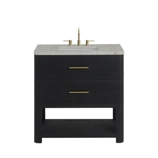 James Martin Vanities Lucian 36" Carbon Oak Single Vanity With 3cm Victorian Silver Silestone Widespread Top