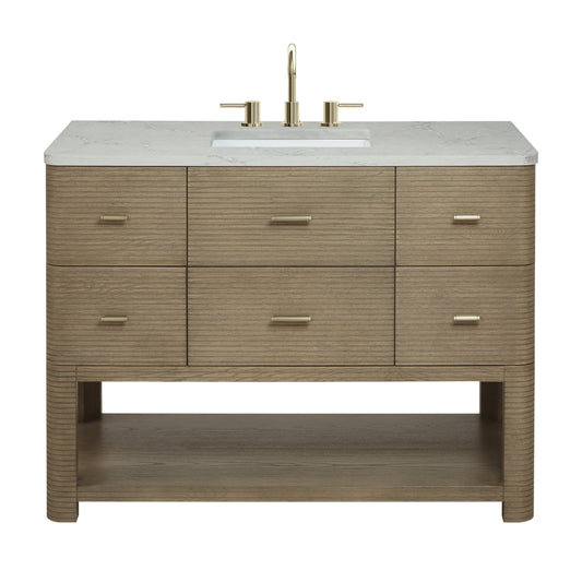 James Martin Vanities Lucian 48" Pebble Oak Single Vanity With 3cm Victorian Silver Silestone Widespread Top