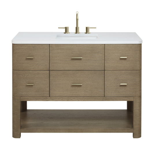 James Martin Vanities Lucian 48" Pebble Oak Single Vanity With 3cm White Zeus Silestone Widespread Top
