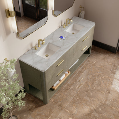 James Martin Vanities Lucian 72" Pebble Oak Double Vanity With 3 cm Victorian Silver Silestone Top and FreePower Wireless Charger