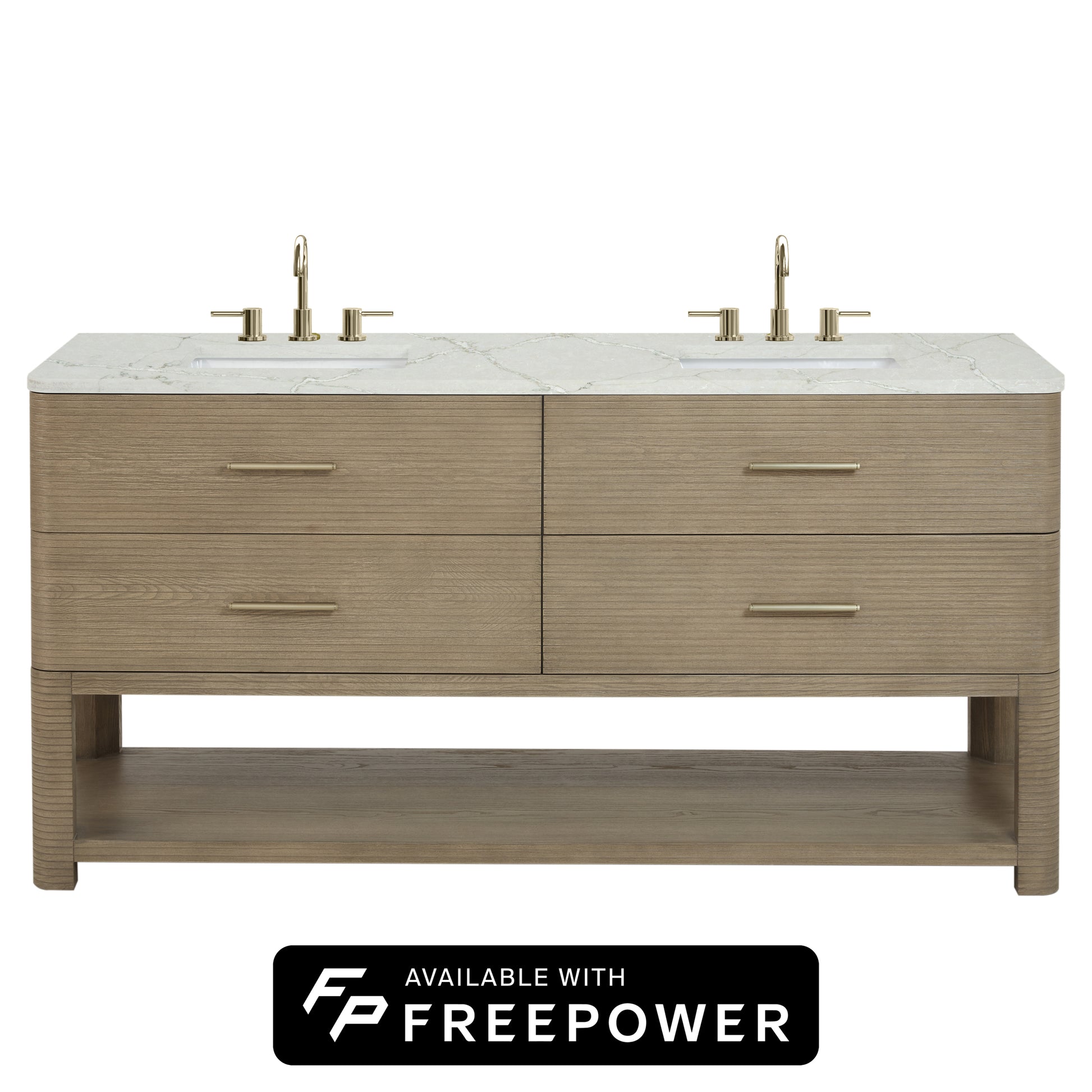 James Martin Vanities Lucian 72" Pebble Oak Double Vanity With 3 cm Victorian Silver Silestone Top and FreePower Wireless Charger