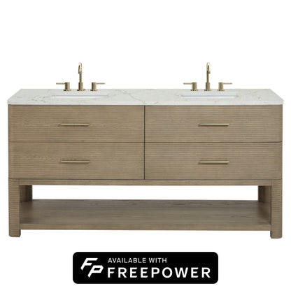 James Martin Vanities Lucian 72" Pebble Oak Double Vanity With 3 cm Victorian Silver Silestone Top and FreePower Wireless Charger