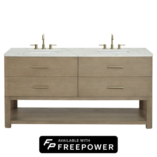 James Martin Vanities Lucian 72" Pebble Oak Double Vanity With 3 cm Victorian Silver Silestone Top and FreePower Wireless Charger