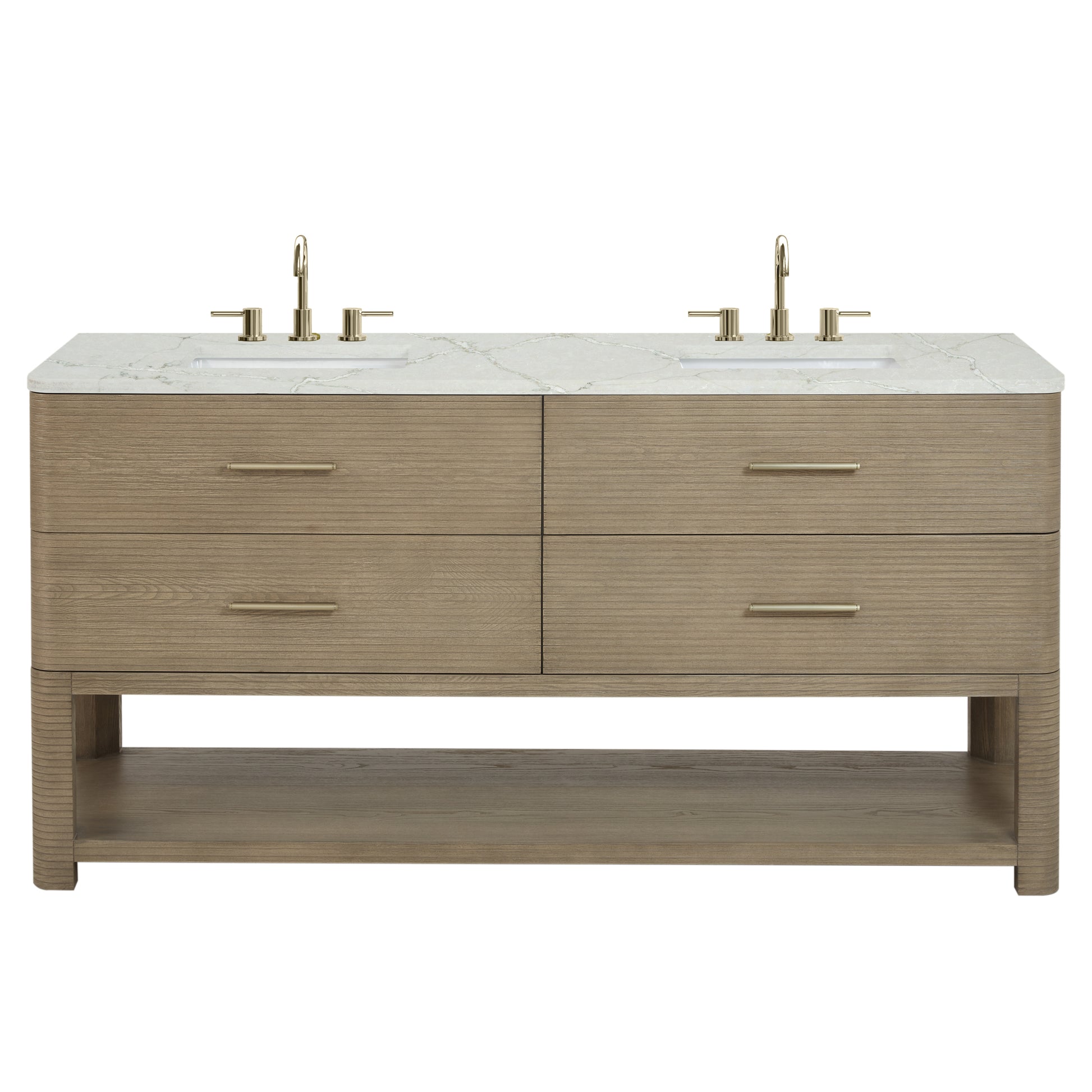 James Martin Vanities Lucian 72" Pebble Oak Double Vanity With 3cm Victorian Silver Silestone Widespread Top