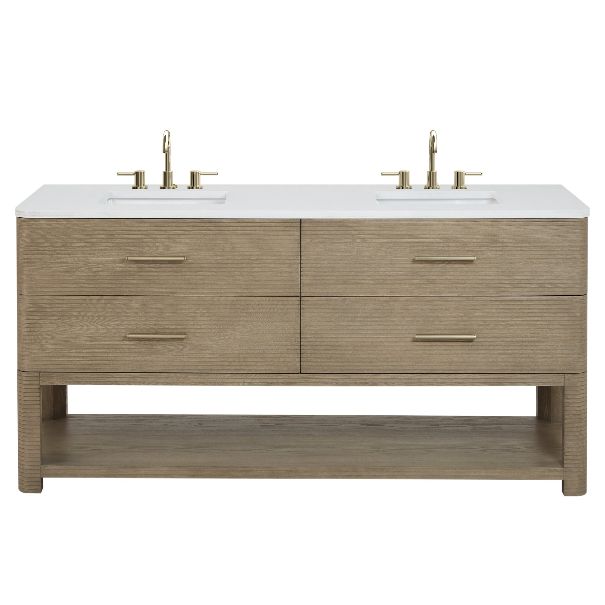 James Martin Vanities Lucian 72" Pebble Oak Double Vanity With 3cm White Zeus Silestone Widespread Top