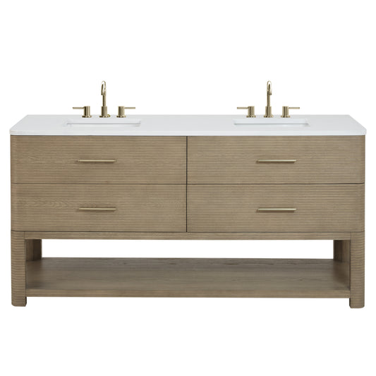 James Martin Vanities Lucian 72" Pebble Oak Double Vanity With 3cm White Zeus Silestone Widespread Top