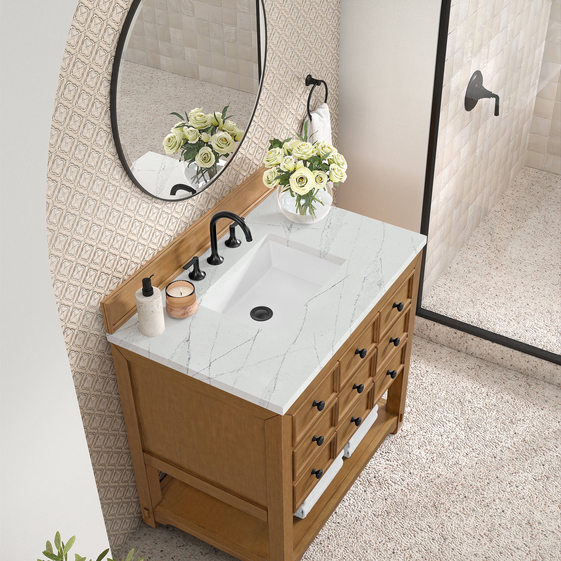 James Martin Vanities Malibu 36" Amber Birch Single Vanity With 3 cm Ethereal Noctis Top
