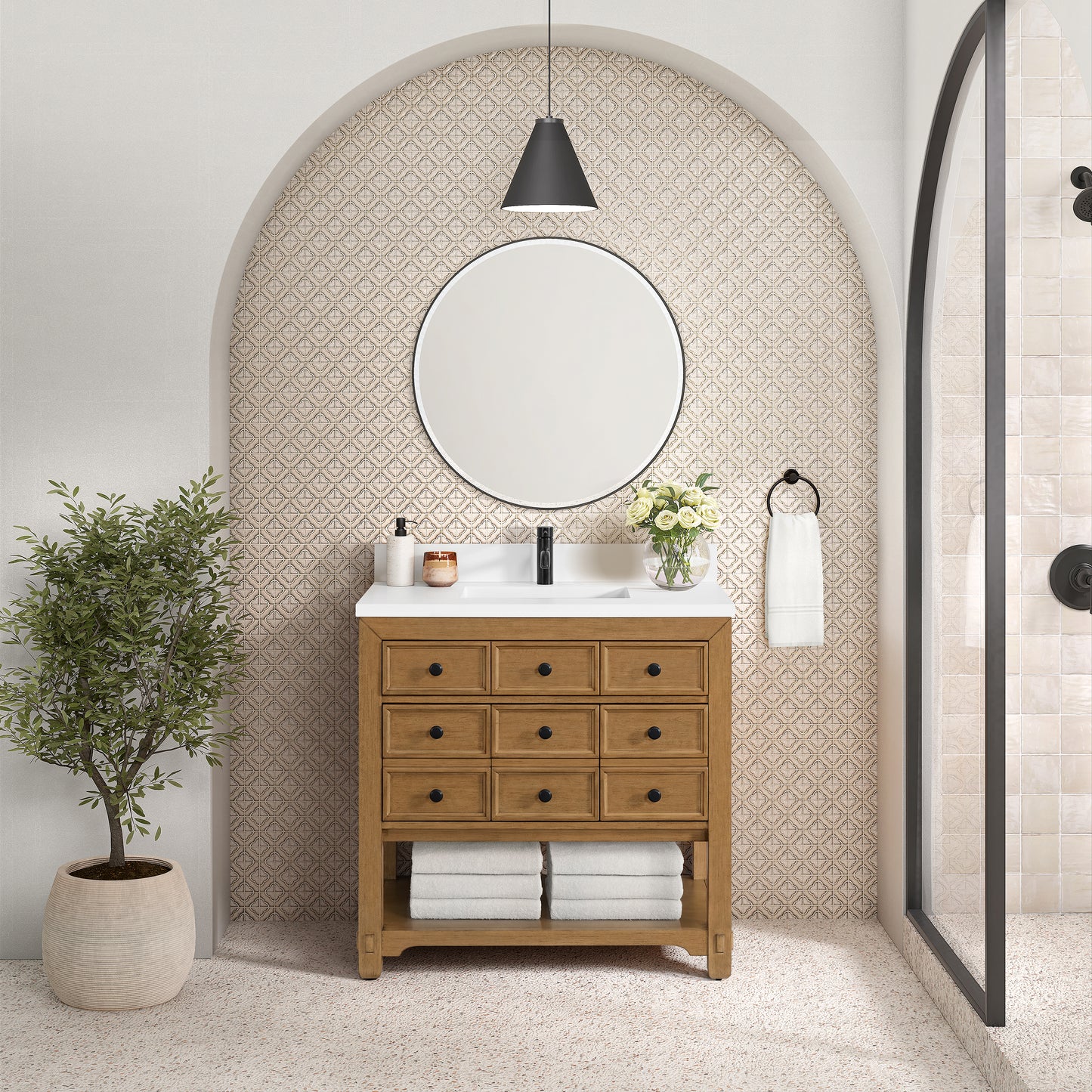 James Martin Vanities Malibu 36" Amber Birch Single Vanity With Single Hole 3 cm White Zeus Top & Backsplash