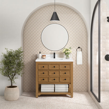 James Martin Vanities Malibu 36" Amber Birch Single Vanity With Single Hole 3 cm White Zeus Top & Backsplash