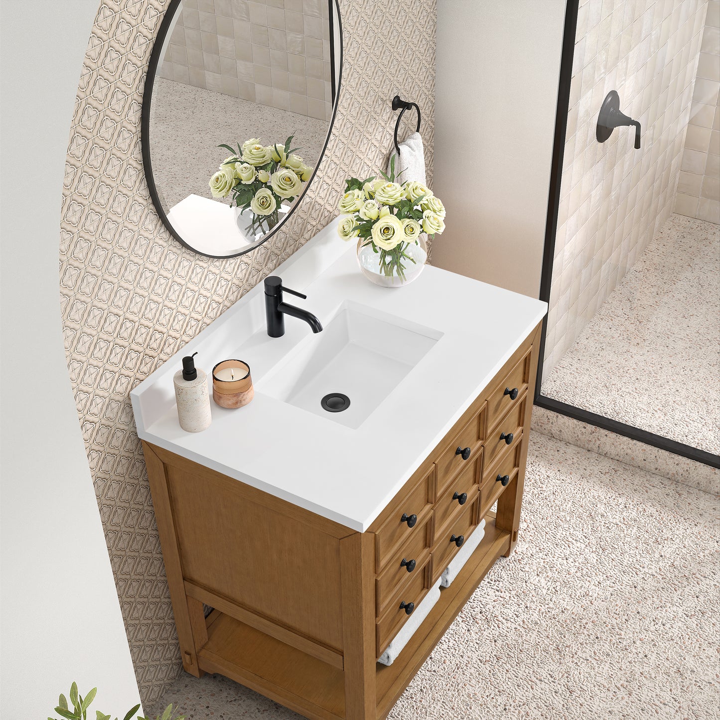 James Martin Vanities Malibu 36" Amber Birch Single Vanity With Single Hole 3 cm White Zeus Top & Backsplash