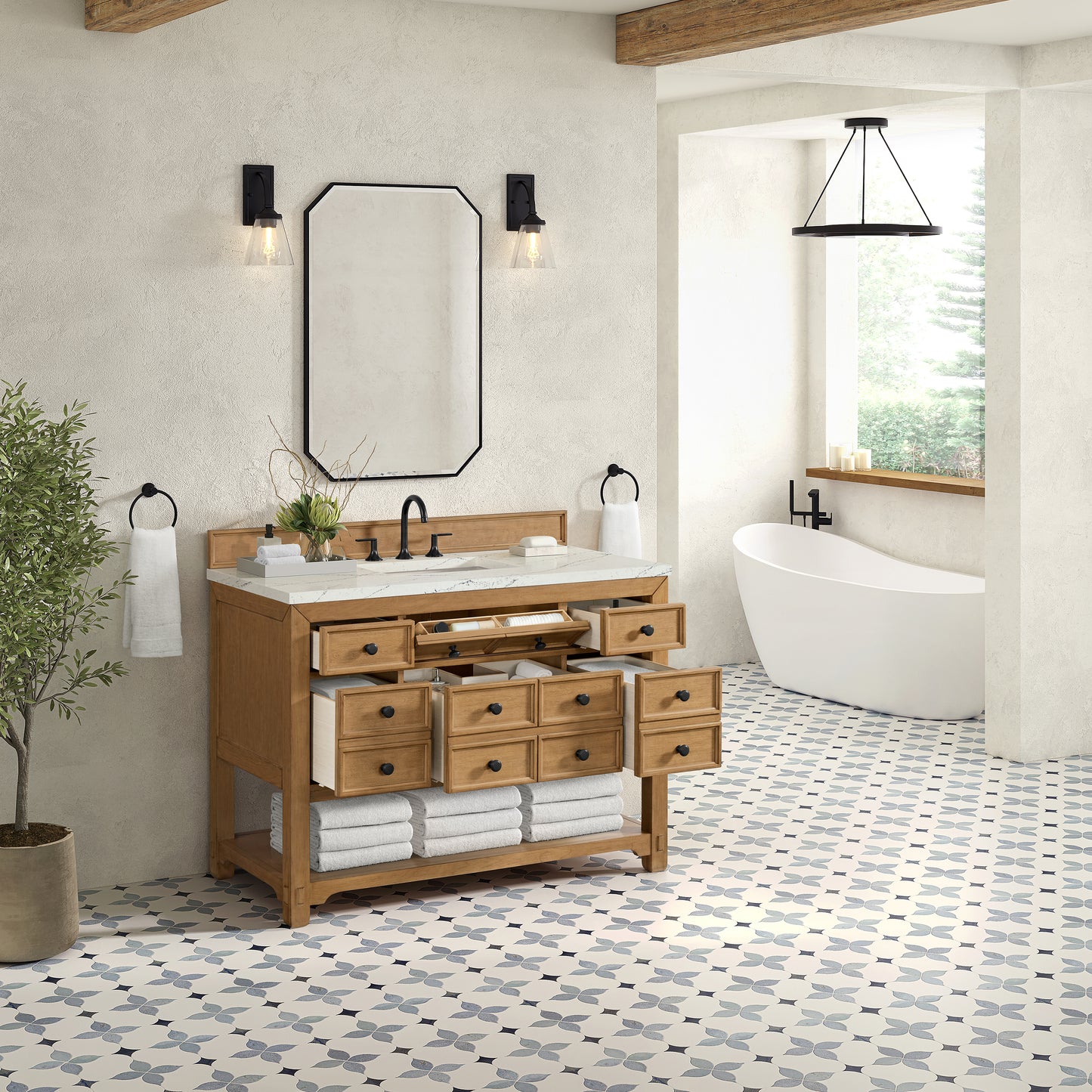 James Martin Vanities Malibu 48" Amber Birch Single Vanity With 3cm Ethereal Noctis Silestone Top With FreePower Wireless Charger