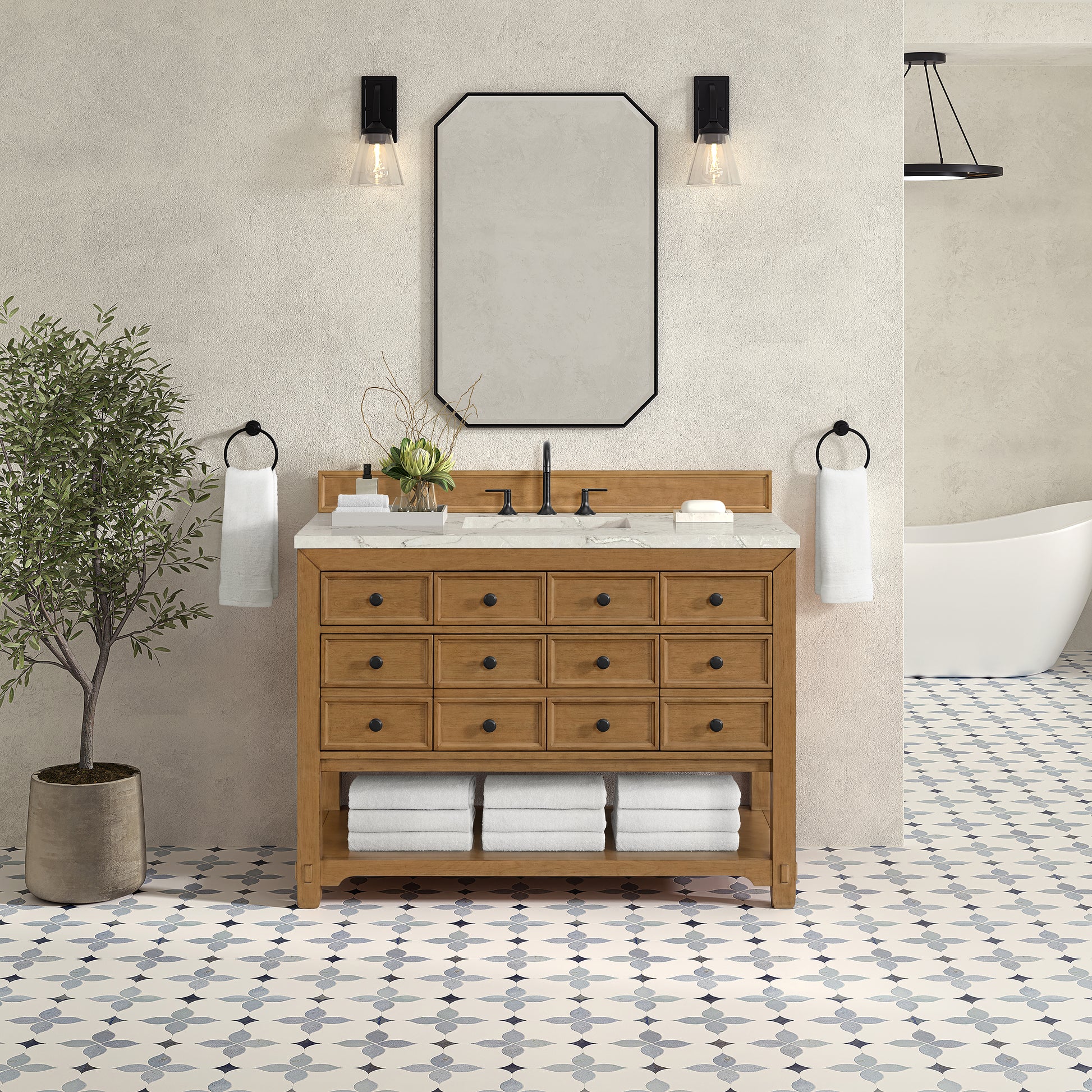 James Martin Vanities Malibu 48" Amber Birch Single Vanity With 3cm Victorian Silver Silestone Top With FreePower Wireless Charger