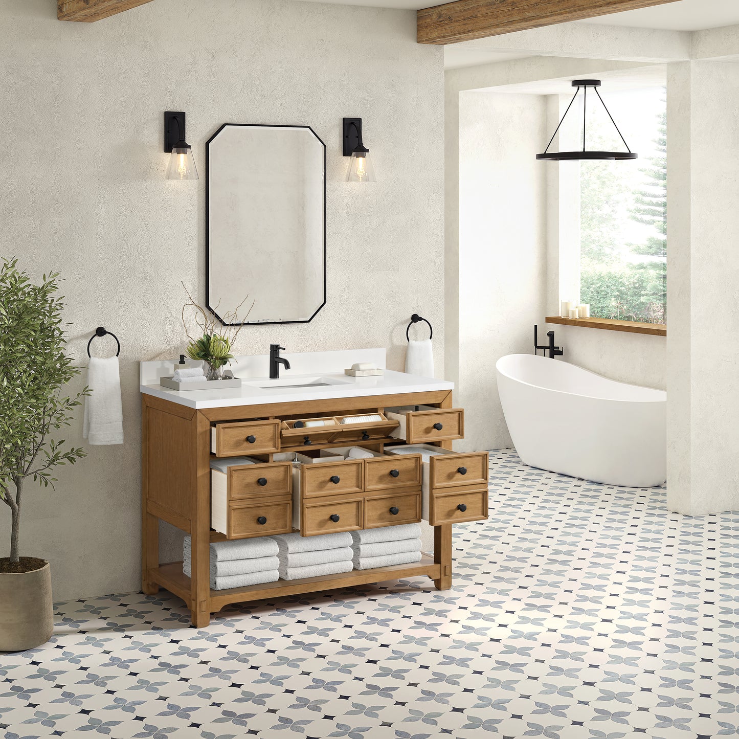 James Martin Vanities Malibu 48" Amber Birch Single Vanity With Single Hole 3 cm White Zeus Quartz Top & Backsplash