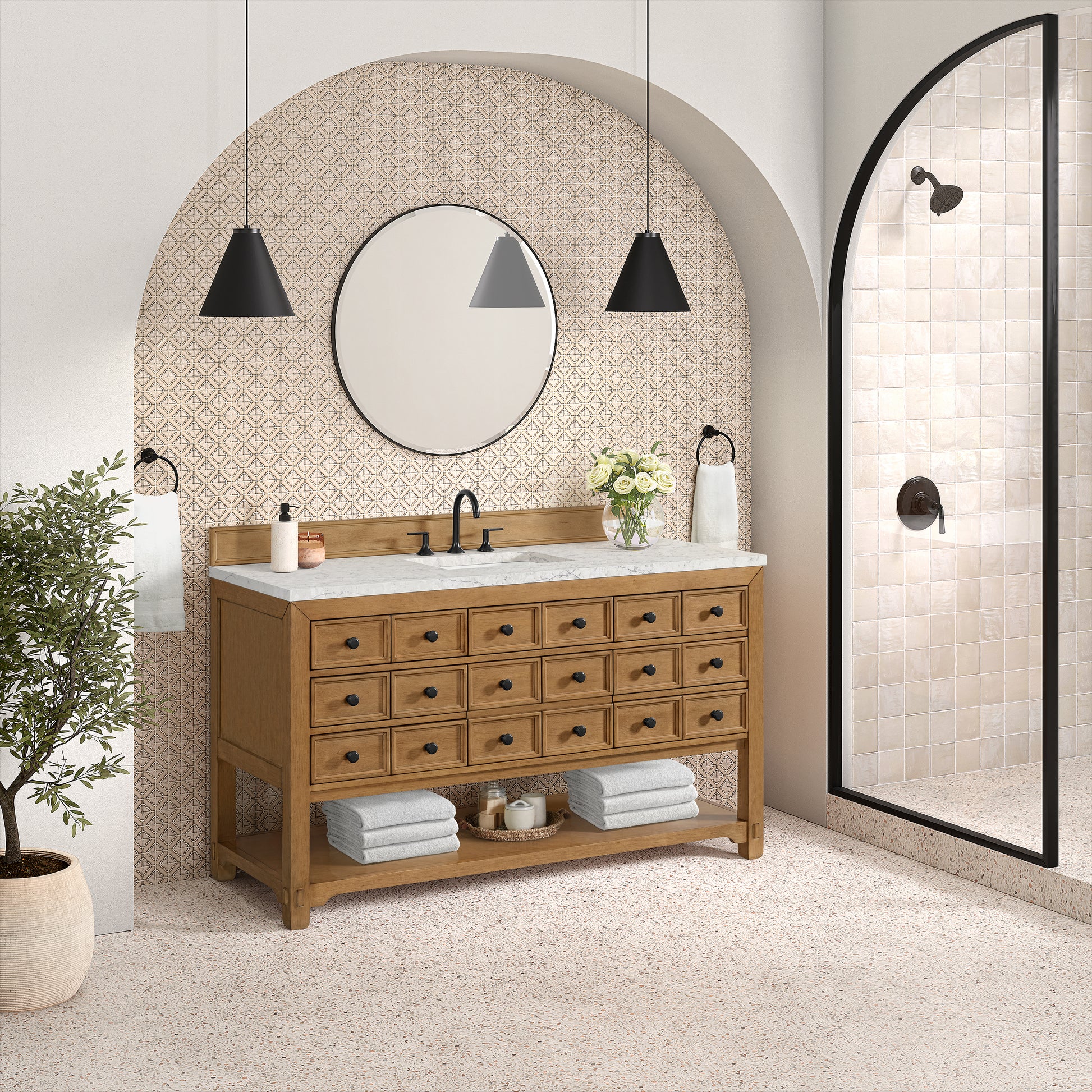 James Martin Vanities Malibu 60" Amber Birch Single Vanity With 3 cm Eternal Jasmine Pearl Top