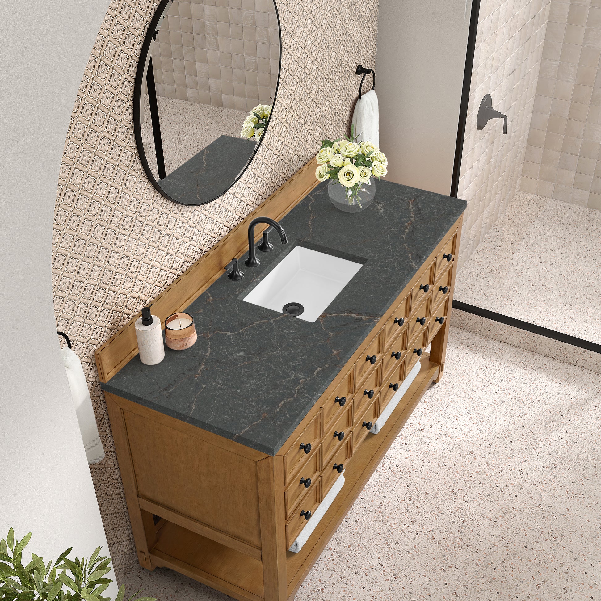 James Martin Vanities Malibu 60" Amber Birch Single Vanity With 3cm Parisien Bleu Top With FreePower Wireless Charger