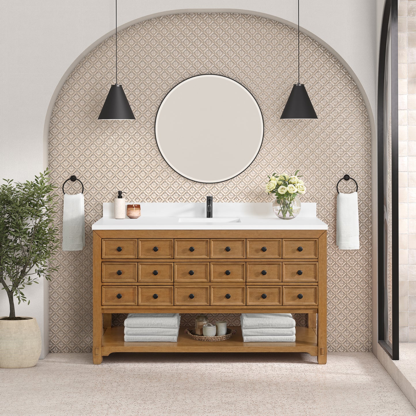 James Martin Vanities Malibu 60" Amber Birch Single Vanity With Single Hole 3 cm White Zeus Top & Backsplash