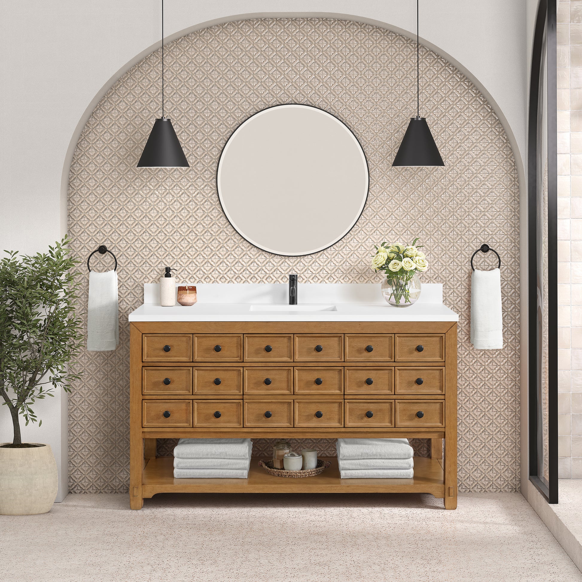 James Martin Vanities Malibu 60" Amber Birch Single Vanity With Single Hole 3 cm White Zeus Top & Backsplash