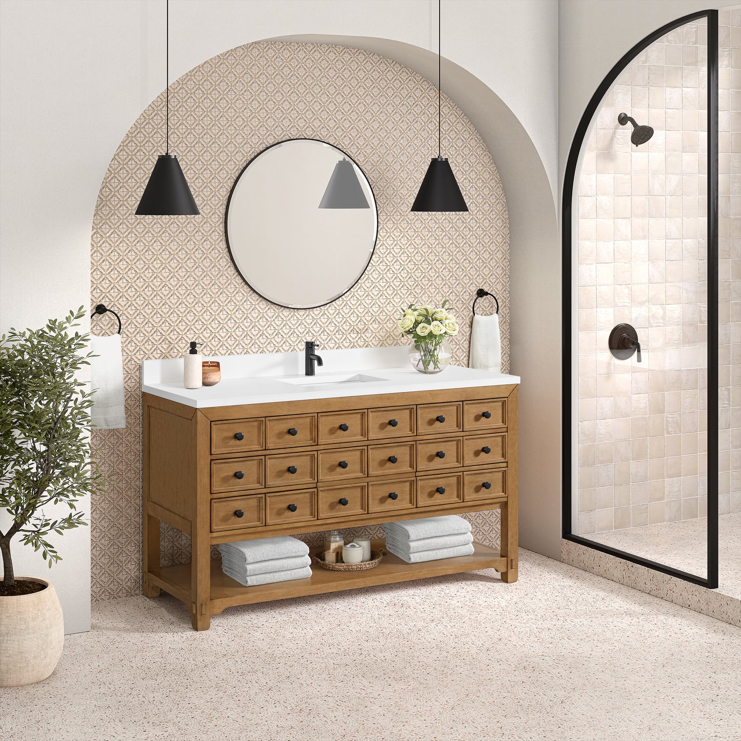 James Martin Vanities Malibu 60" Amber Birch Single Vanity With Single Hole 3 cm White Zeus Top & Backsplash