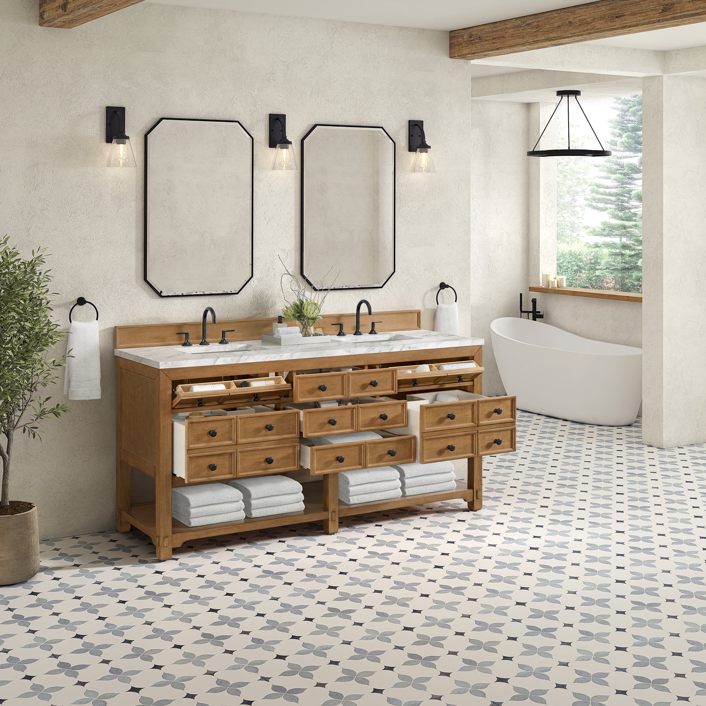 James Martin Vanities Malibu 72" Amber Birch Double Vanity With 3 cm Carrara Marble Top