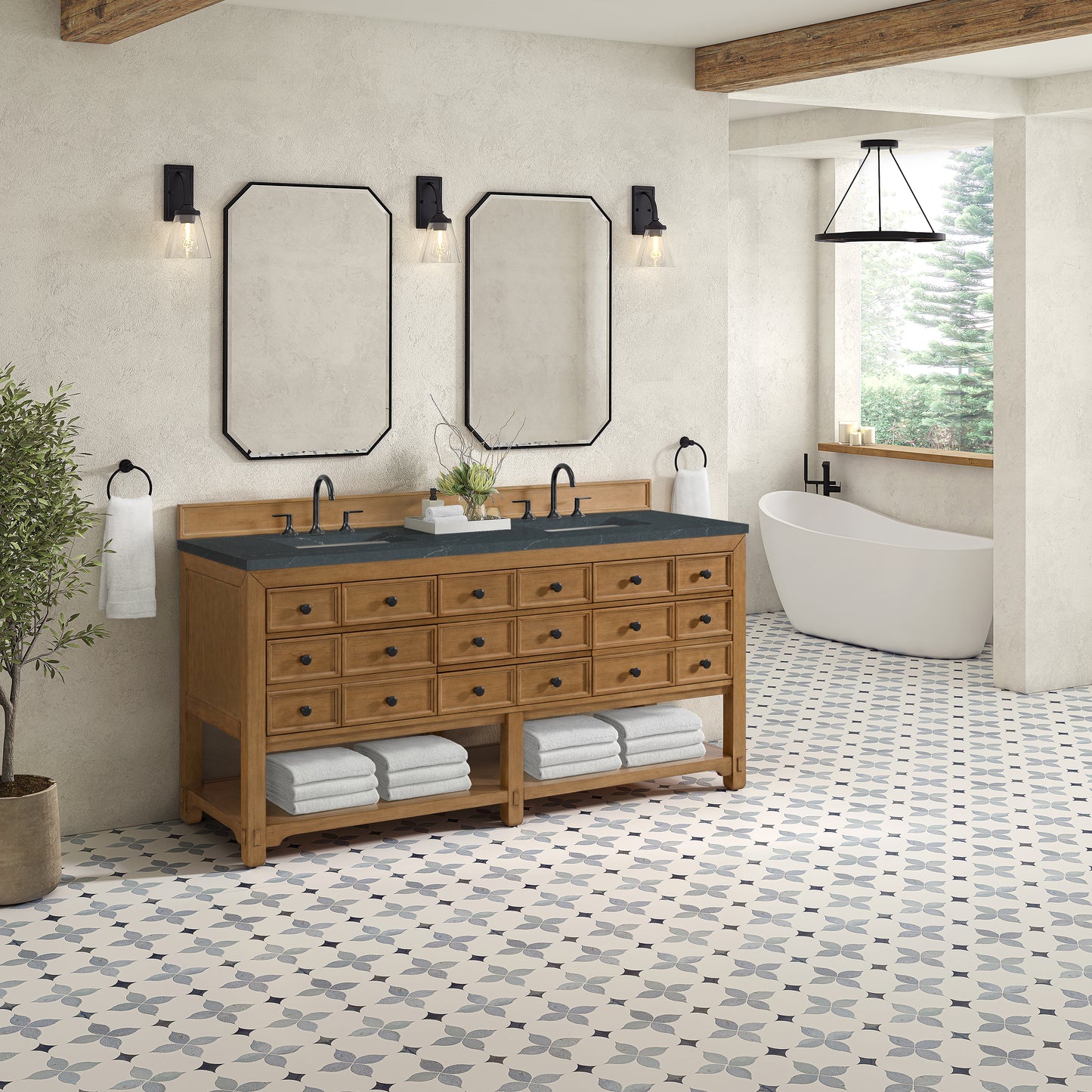 James Martin Vanities Malibu 72" Amber Birch Double Vanity With 3 cm Charcoal Soapstone Top