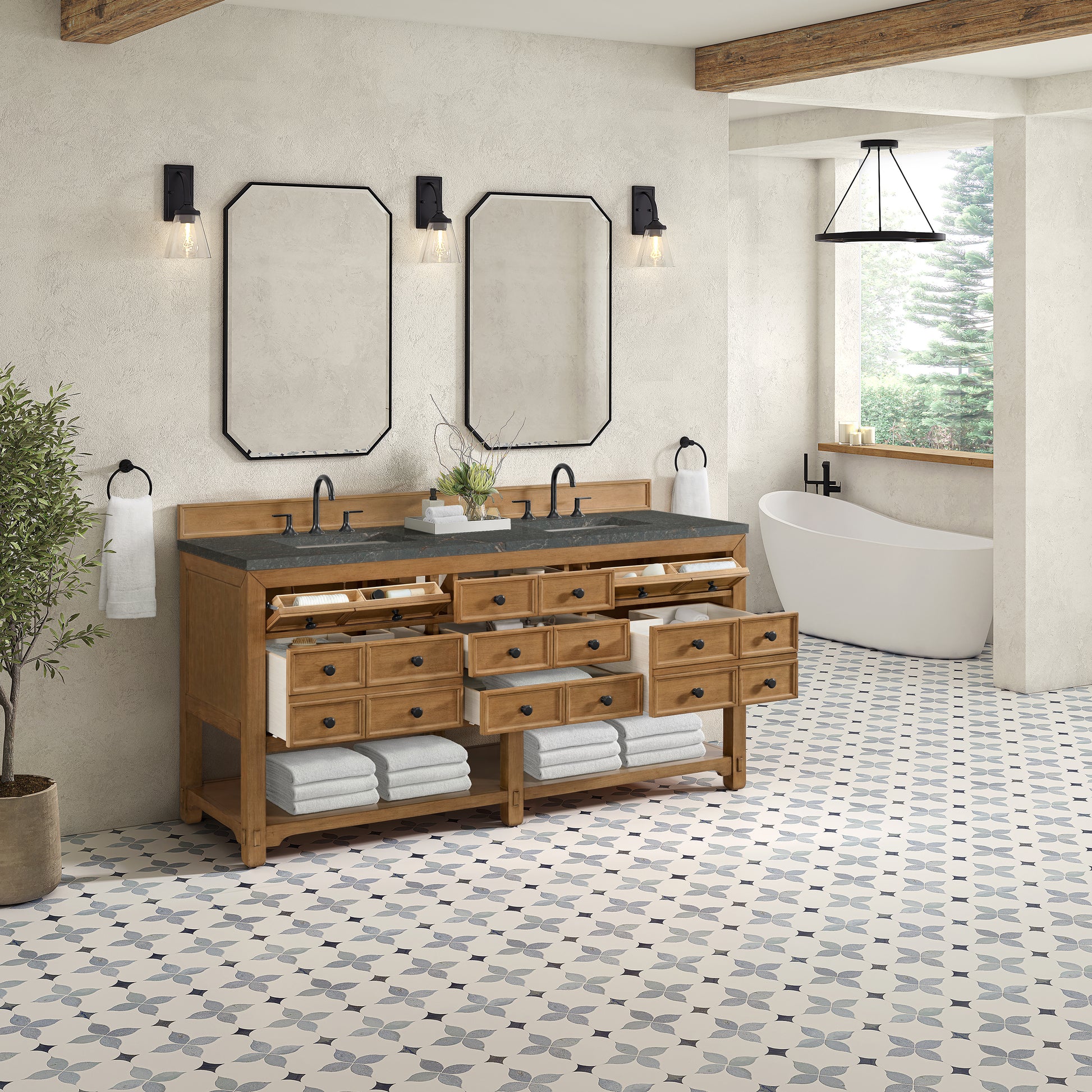 James Martin Vanities Malibu 72" Amber Birch Double Vanity With 3 cm Parisien Bleu Top