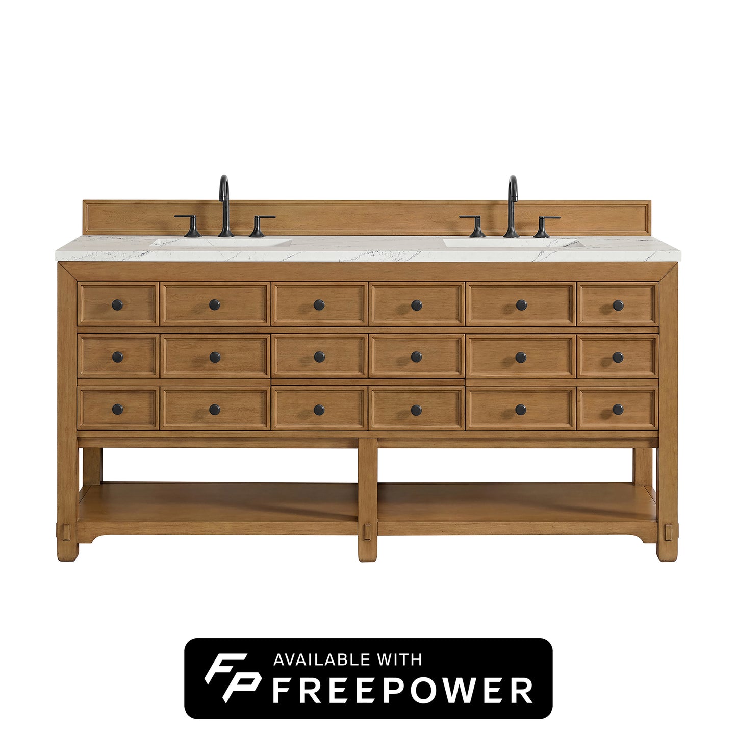 James Martin Vanities Malibu 72" Amber Birch Double Vanity With 3cm Ethereal Noctis Top With FreePower Wireless Charger