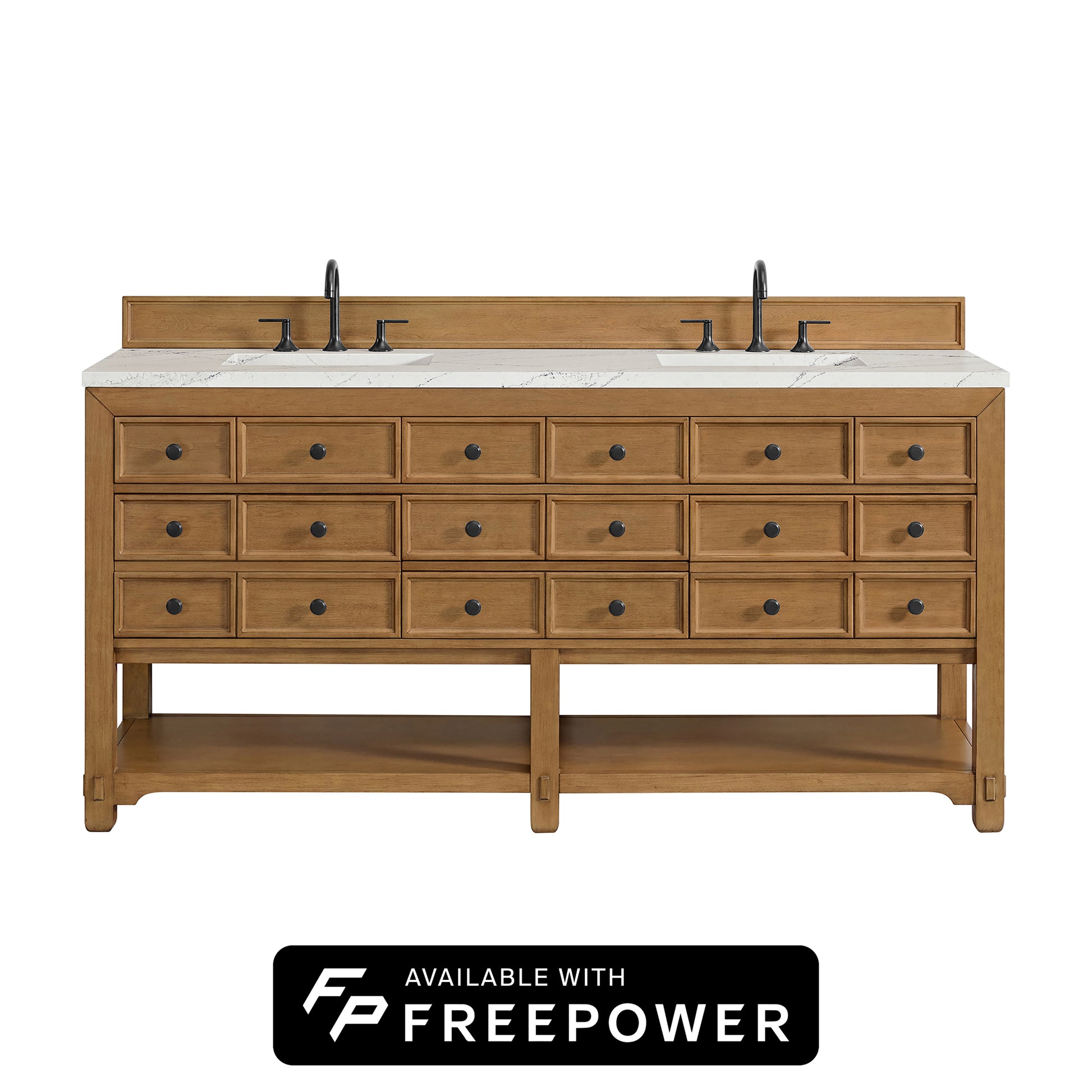 James Martin Vanities Malibu 72" Amber Birch Double Vanity With 3cm Ethereal Noctis Top With FreePower Wireless Charger