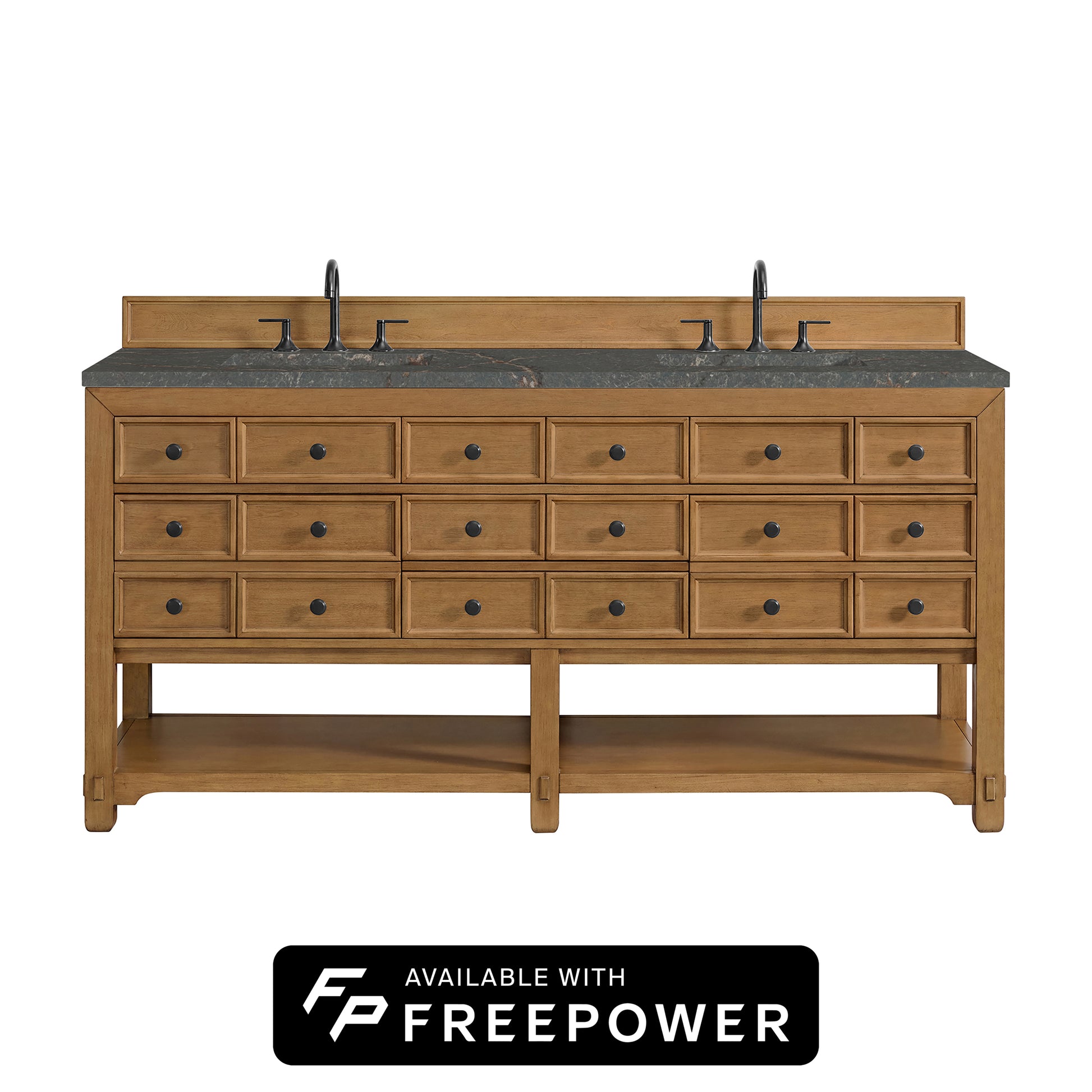 James Martin Vanities Malibu 72" Amber Birch Double Vanity With 3cm Parisien Bleu Top With FreePower Wireless Charger