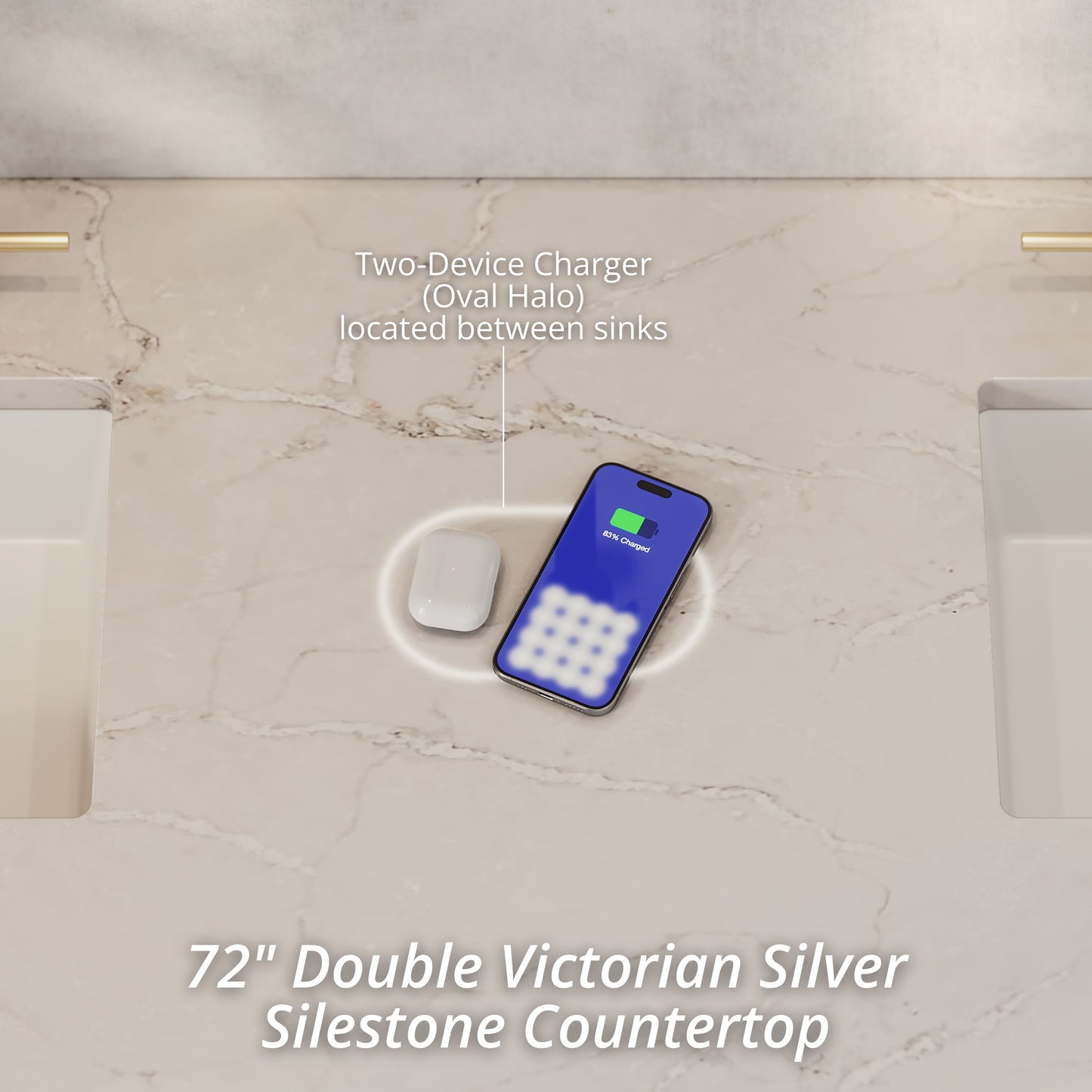 James Martin Vanities Malibu 72" Amber Birch Double Vanity With 3cm Victorian Silver Top With FreePower Wireless Charger