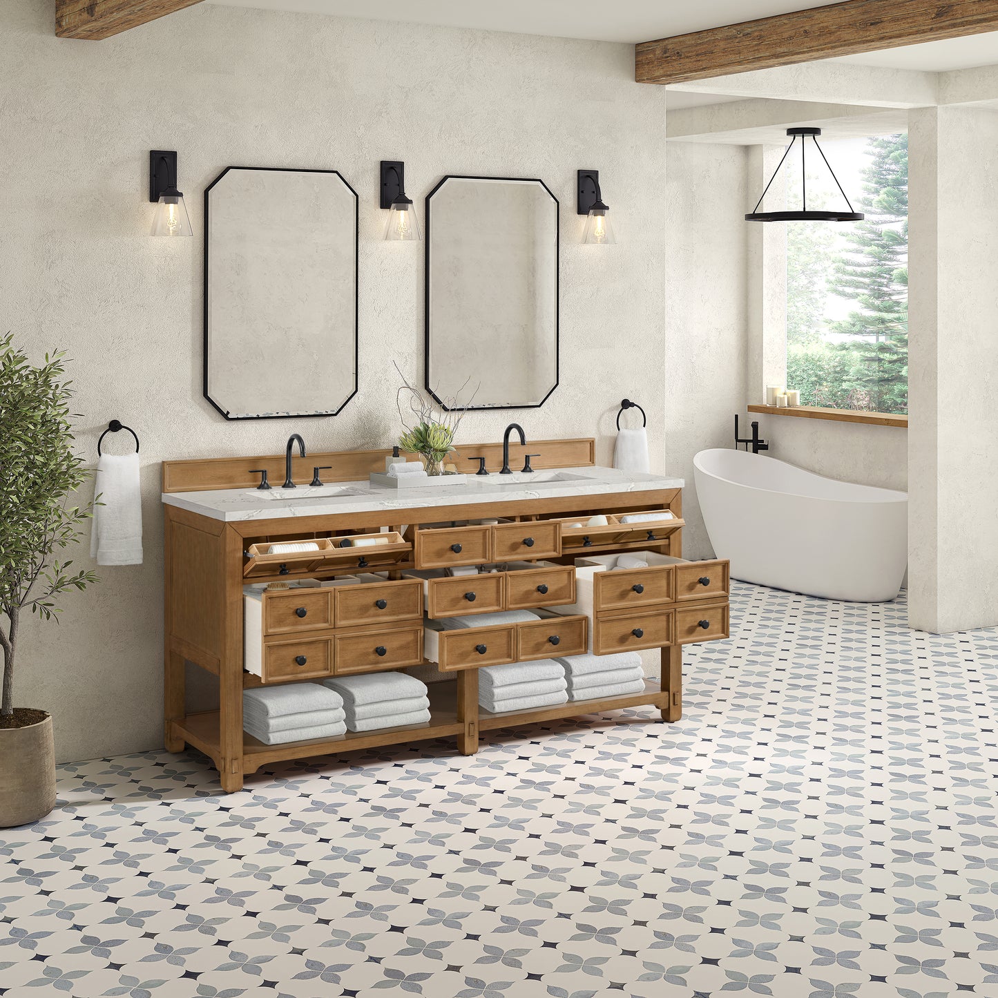 James Martin Vanities Malibu 72" Amber Birch Double Vanity With 3cm Victorian Silver Top With FreePower Wireless Charger