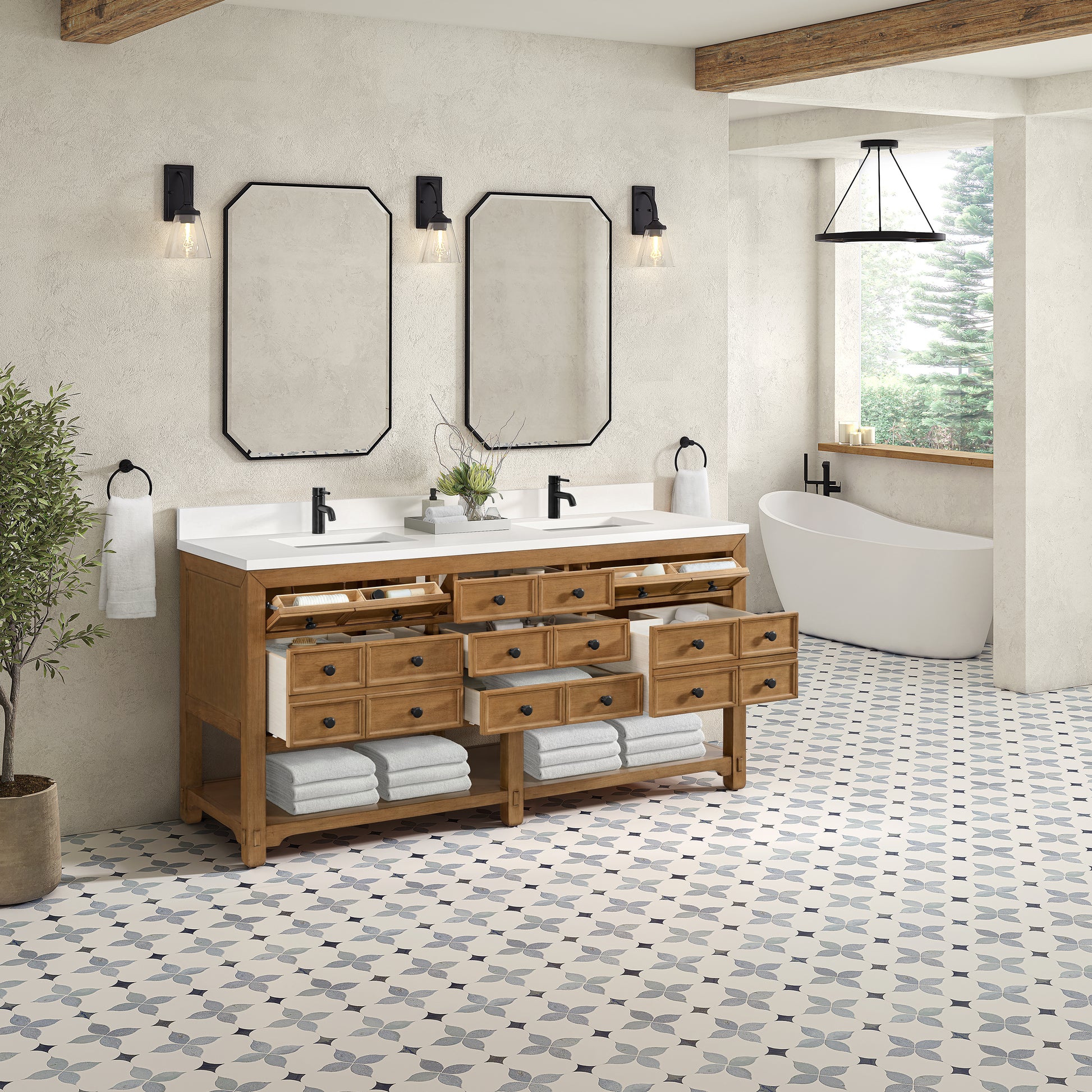 James Martin Vanities Malibu 72" Amber Birch Double Vanity With Single Hole 3 cm White Zeus Top & Backsplash