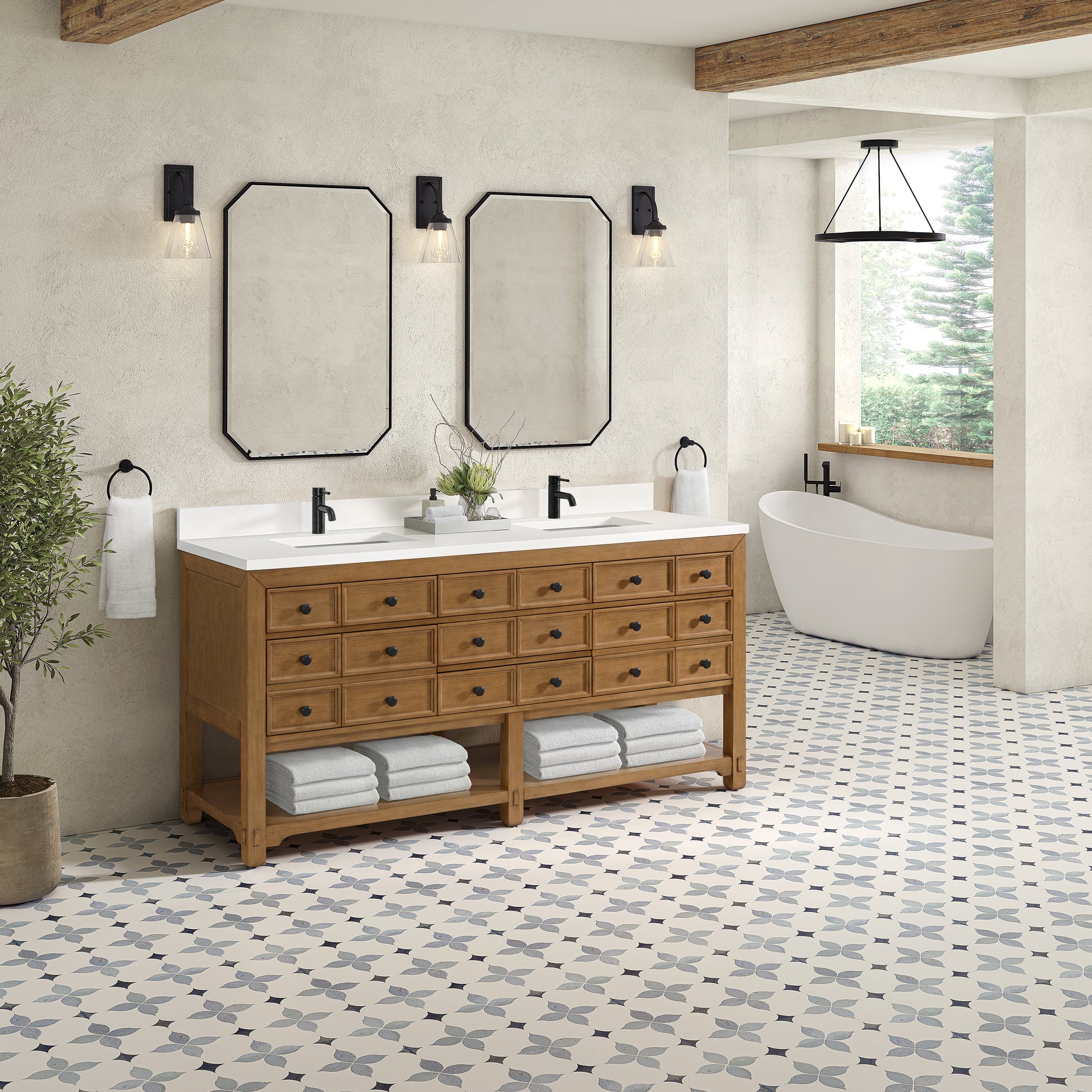 James Martin Vanities Malibu 72" Amber Birch Double Vanity With Single Hole 3 cm White Zeus Top & Backsplash