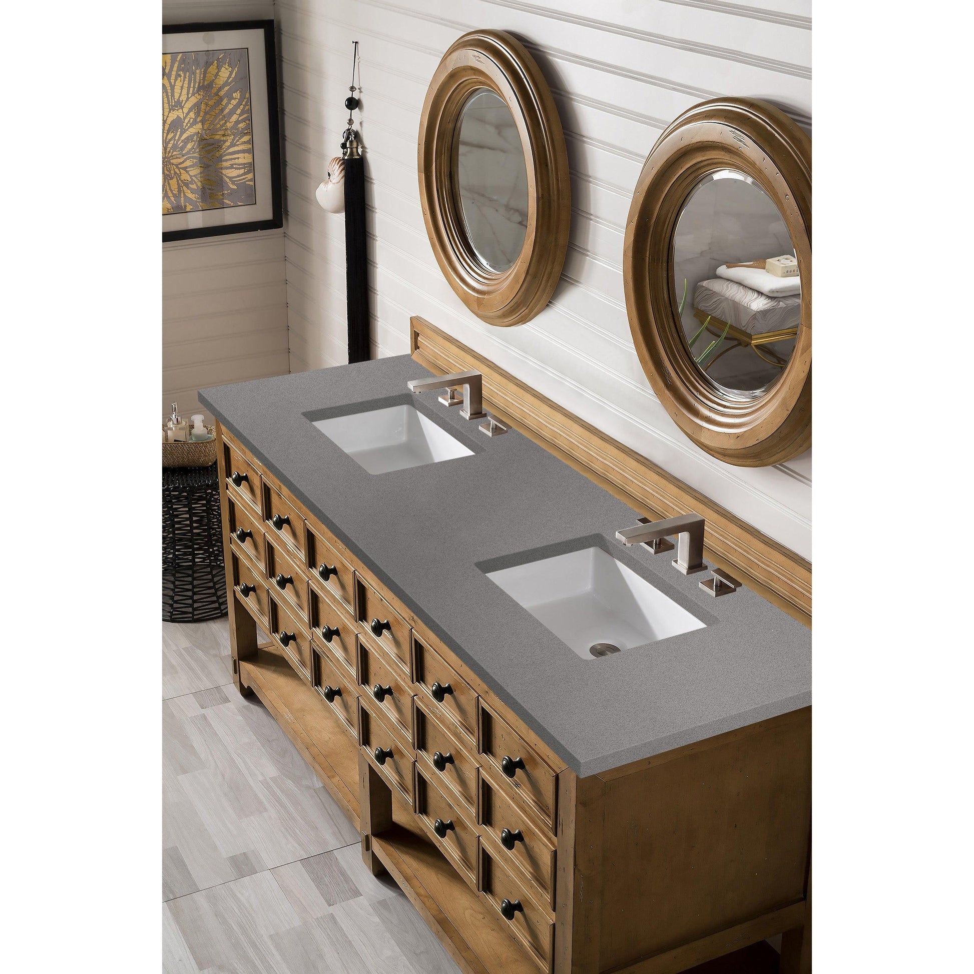James Martin Columbia 72 Double Bathroom Vanity in Glossy White and Radiant  Gold with 10 cm Glossy White Solid Surface Top and Rectangular Sink