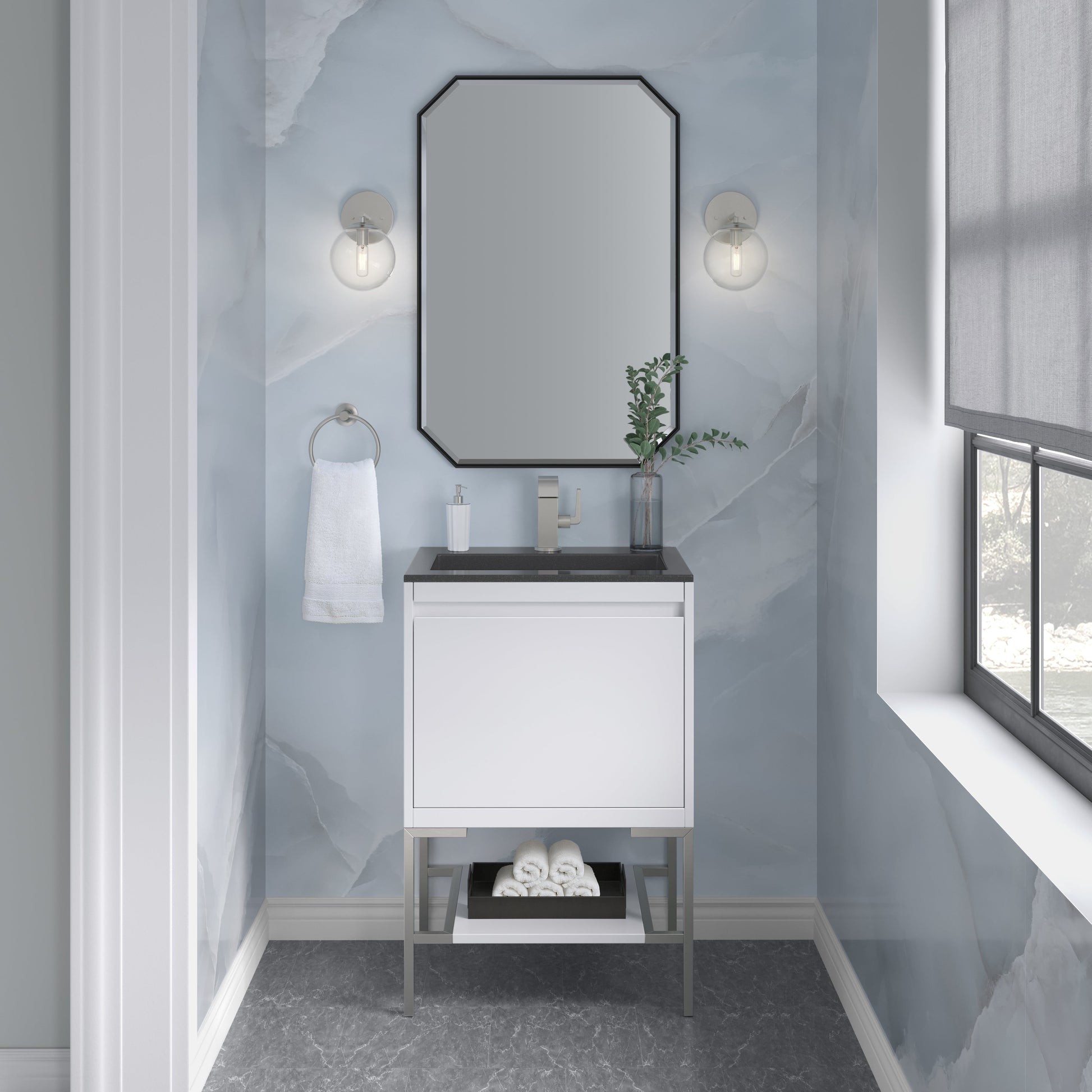 James Martin Vanities Mantova 23.6" Glossy White and Brushed Nickel Base Single Vanity With Charcoal Black Composite Stone Top