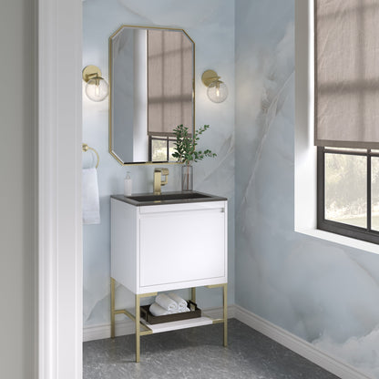 James Martin Vanities Mantova 23.6" Glossy White and Champagne Brass Base Single Vanity With Charcoal Black Composite Stone Top