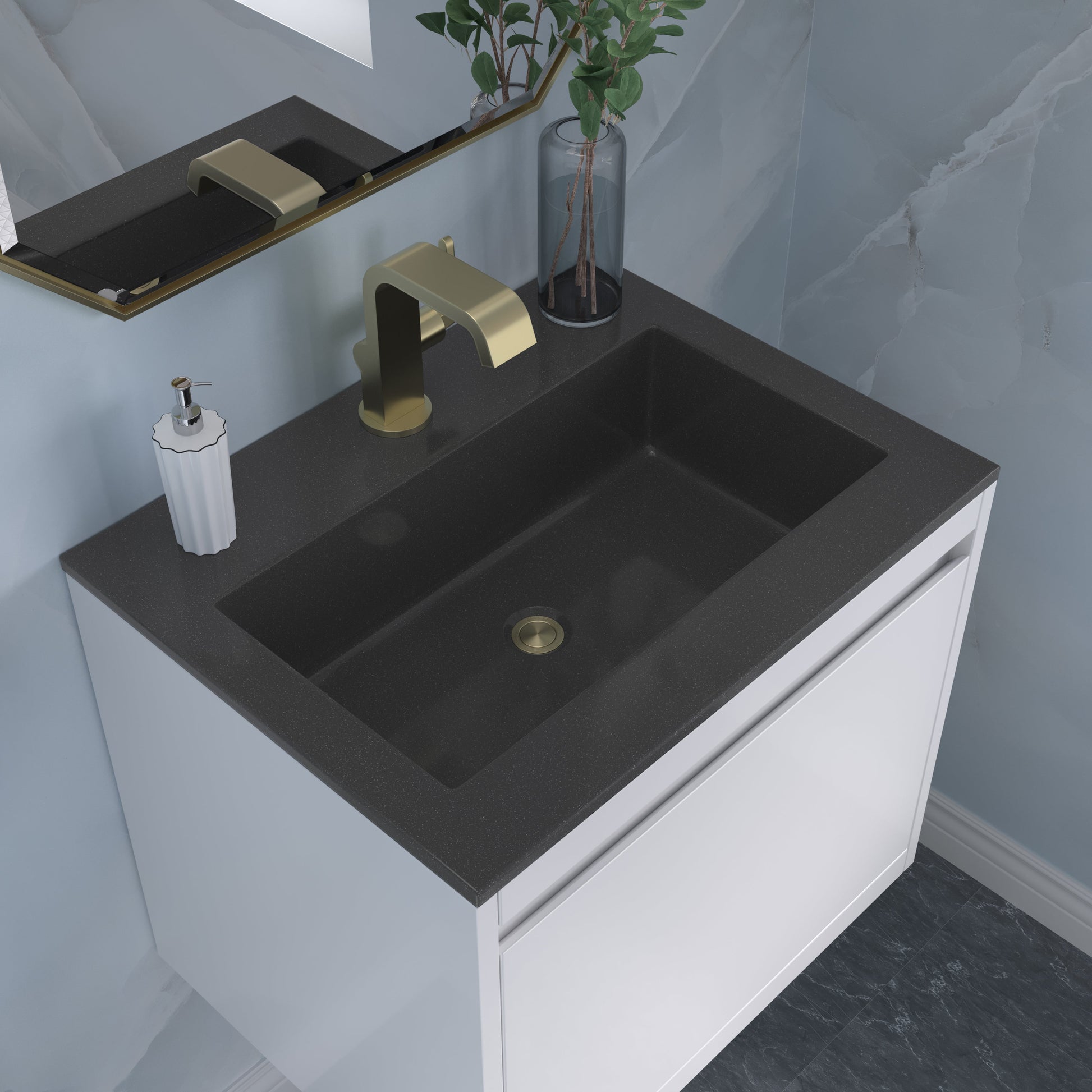 James Martin Vanities Mantova 23.6" Glossy White and Champagne Brass Base Single Vanity With Charcoal Black Composite Stone Top