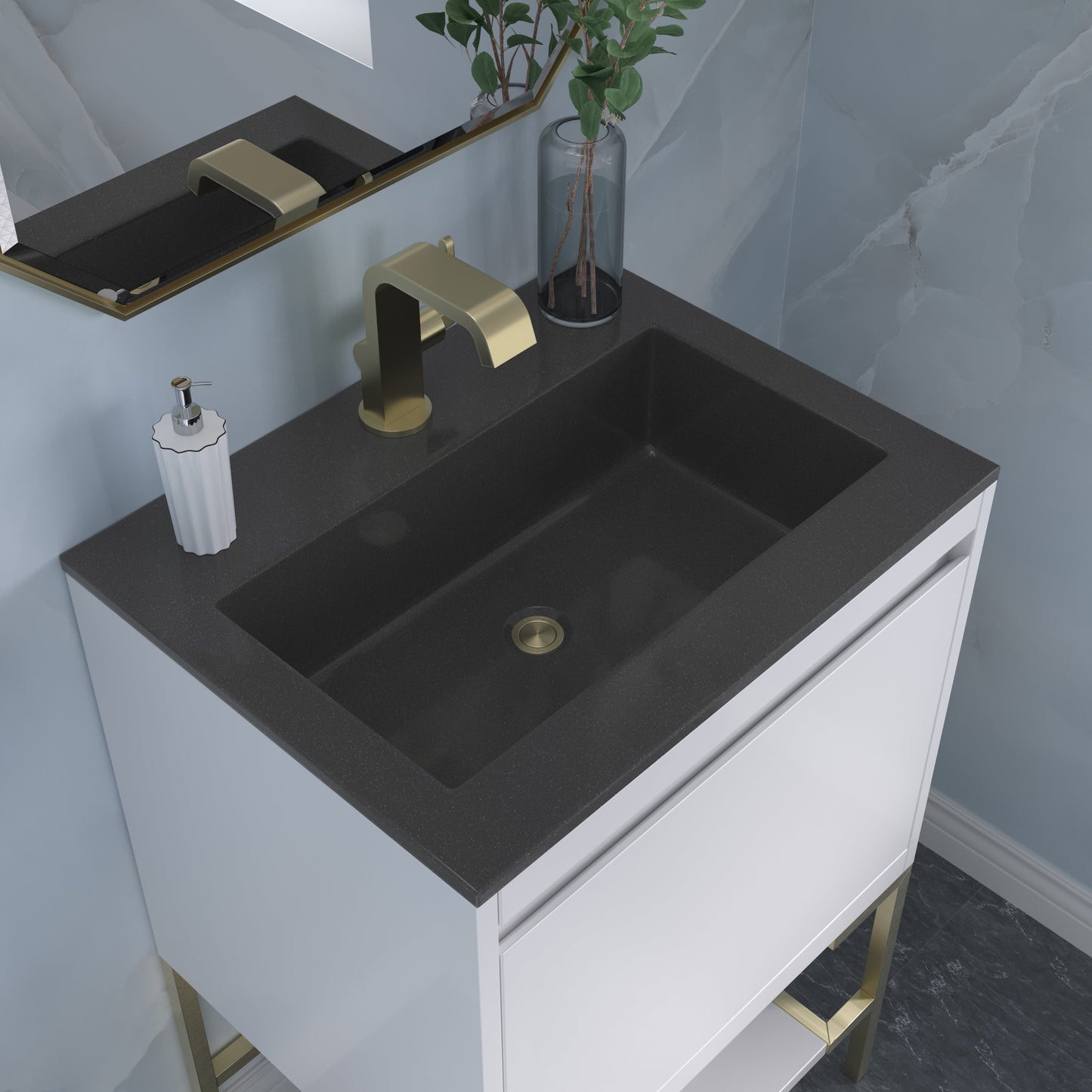 James Martin Vanities Mantova 23.6" Glossy White and Champagne Brass Base Single Vanity With Charcoal Black Composite Stone Top