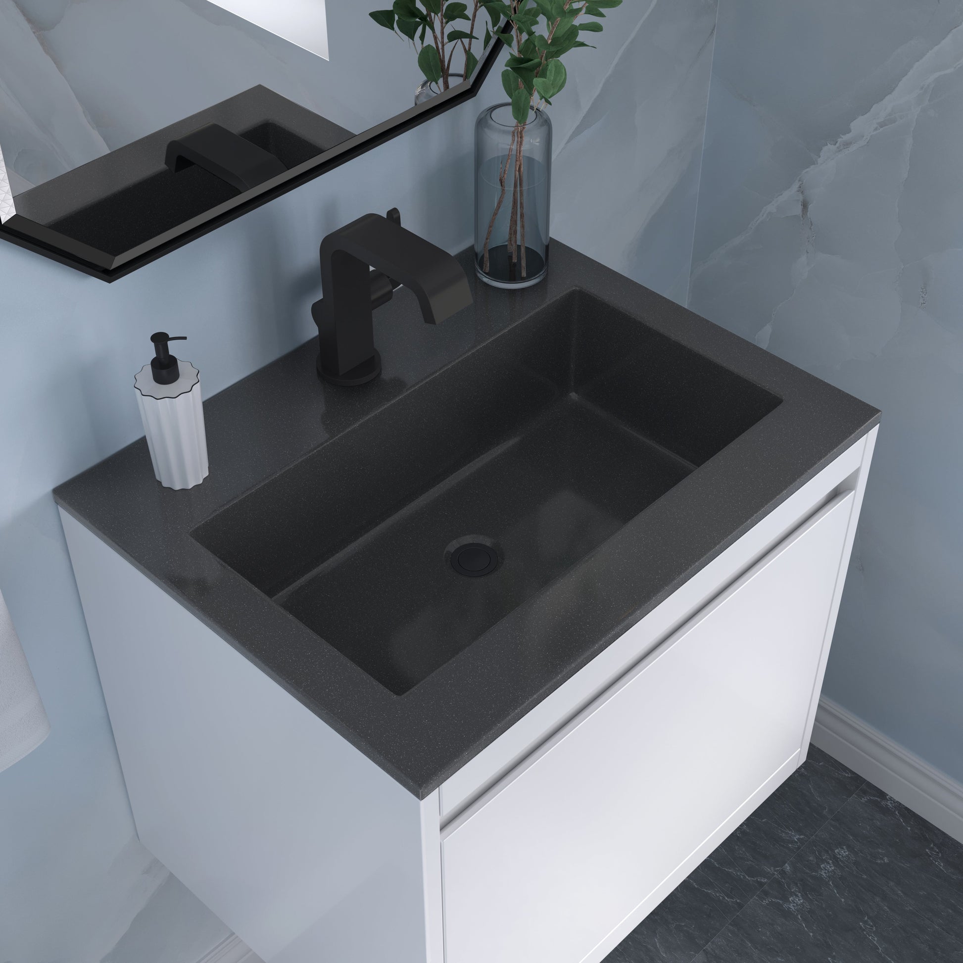 James Martin Vanities Mantova 23.6" Glossy White and Matte Black Base Single Vanity With Charcoal Black Composite Stone Top