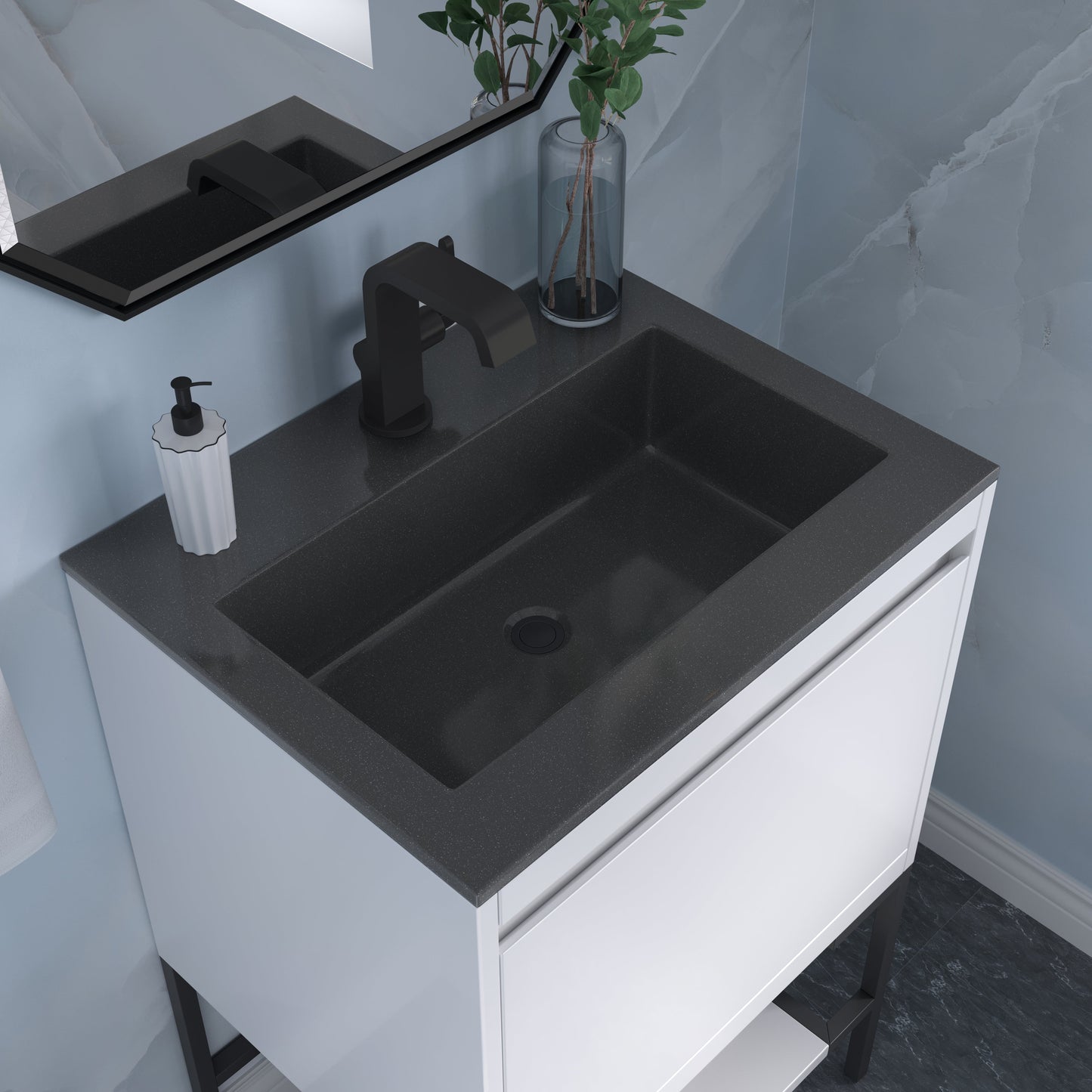 James Martin Vanities Mantova 23.6" Glossy White and Matte Black Base Single Vanity With Charcoal Black Composite Stone Top