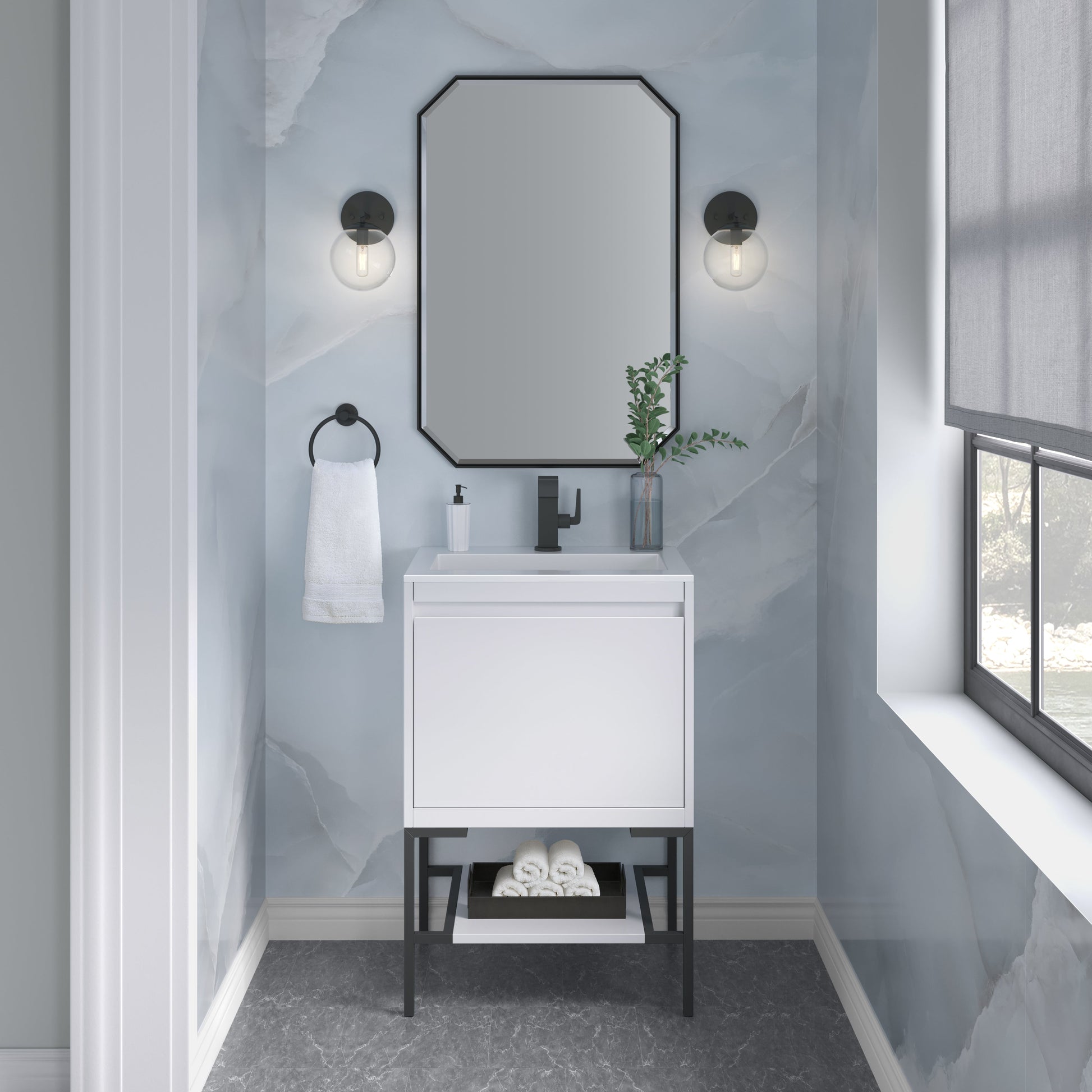 James Martin Vanities Mantova 23.6" Glossy White and Matte Black Base Single Vanity With Glossy White Composite Stone Top