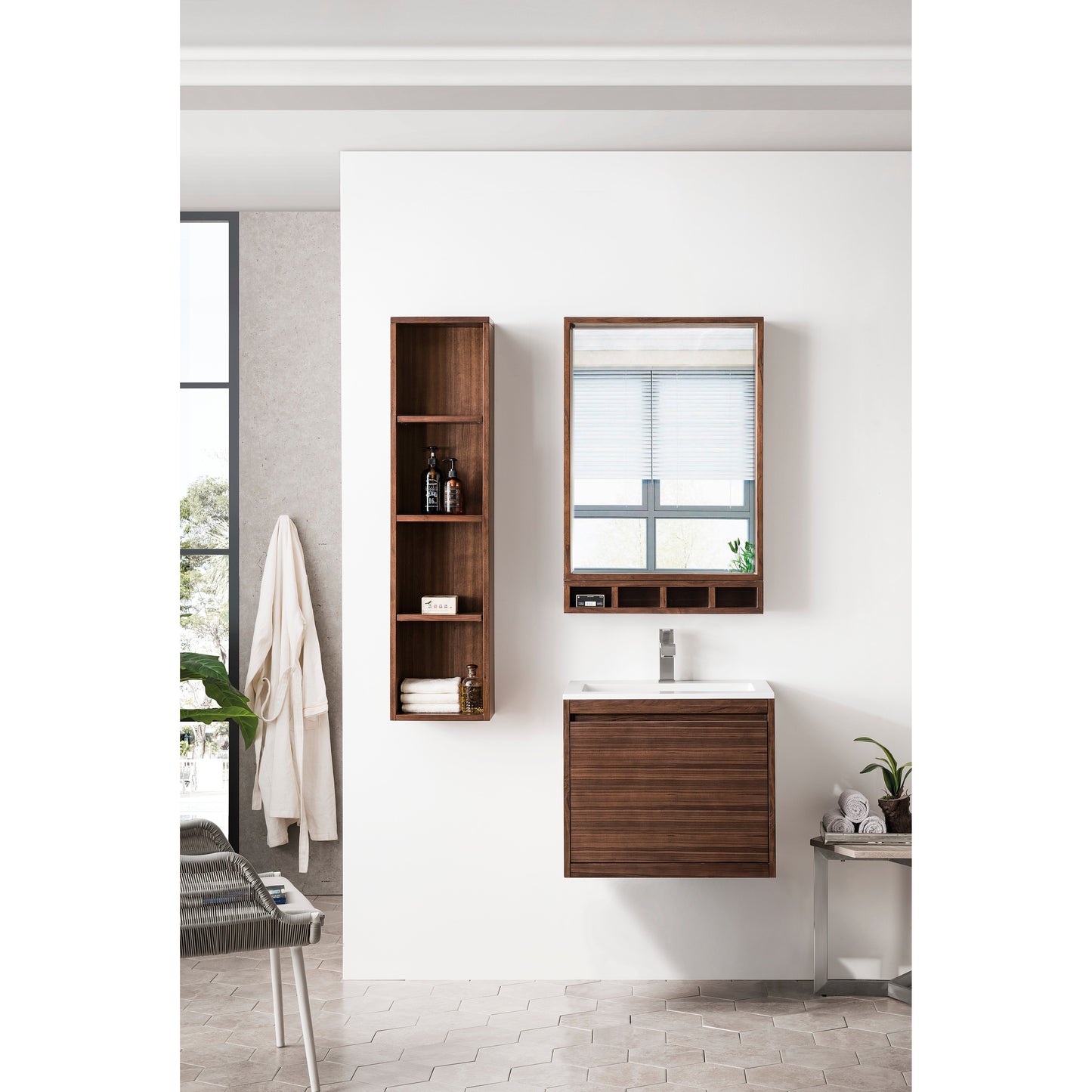 James Martin Vanities Mantova 23.6" Mid-Century Walnut Single Vanity With Glossy White Composite Stone Top